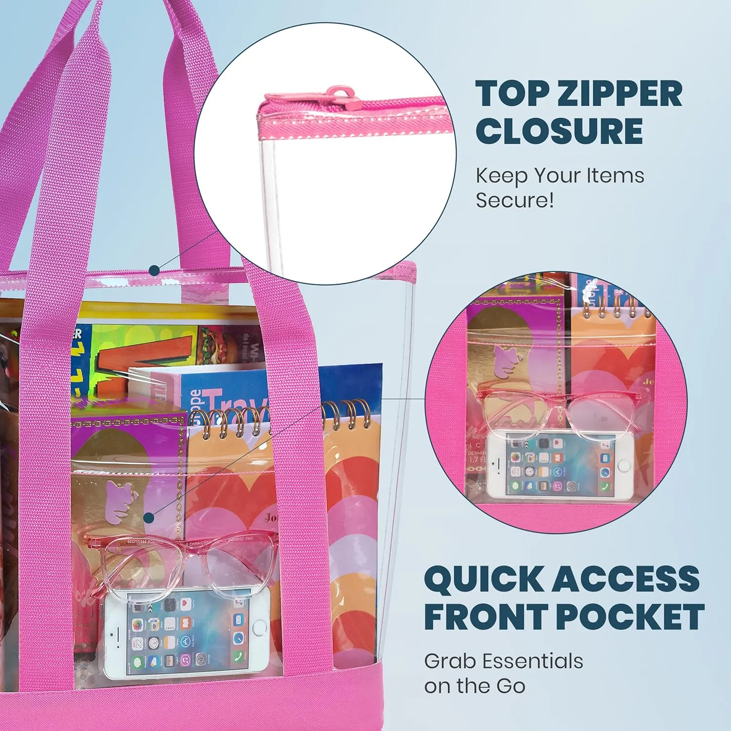 Handy Laundry Clear Tote Bag - Zipper Closure, Long Shoulder Strap, Fabric Trimming.
