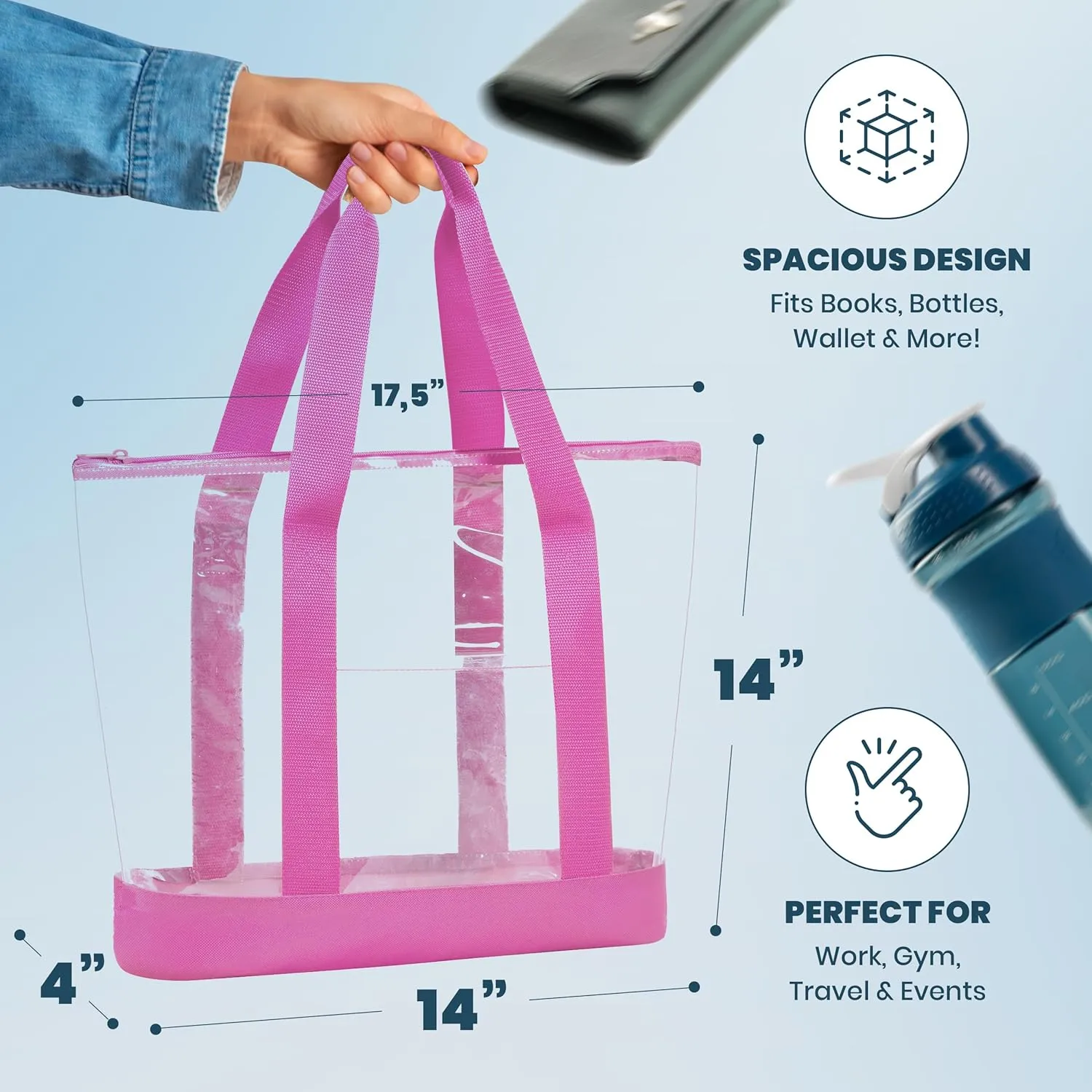 Handy Laundry Clear Tote Bag - Zipper Closure, Long Shoulder Strap, Fabric Trimming.