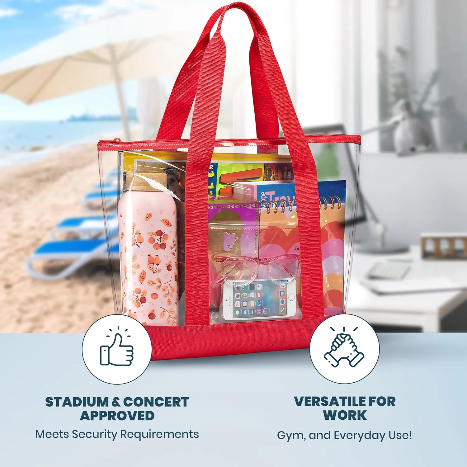 Handy Laundry Clear Tote Bag - Zipper Closure, Long Shoulder Strap, Fabric Trimming.