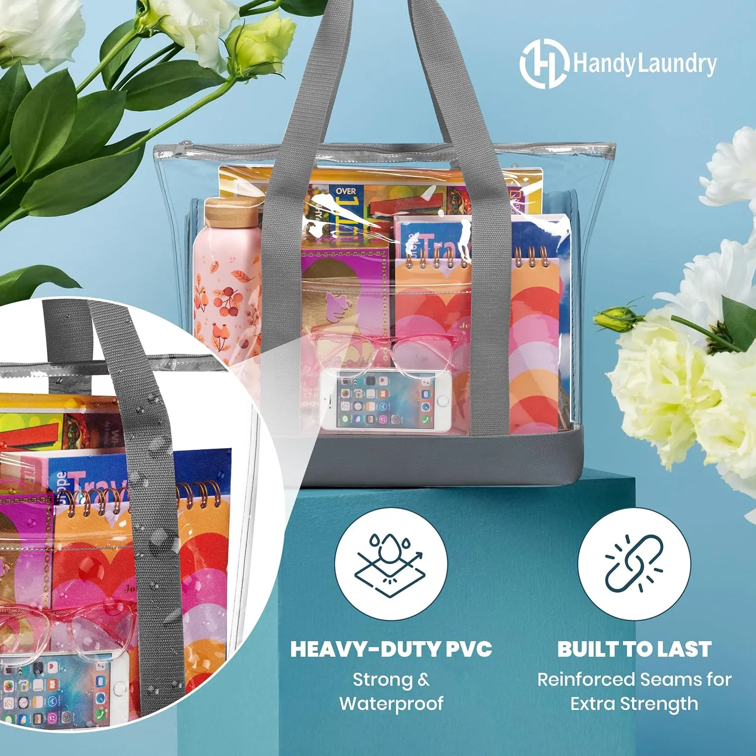 Handy Laundry Clear Tote Bag - Zipper Closure, Long Shoulder Strap, Fabric Trimming.