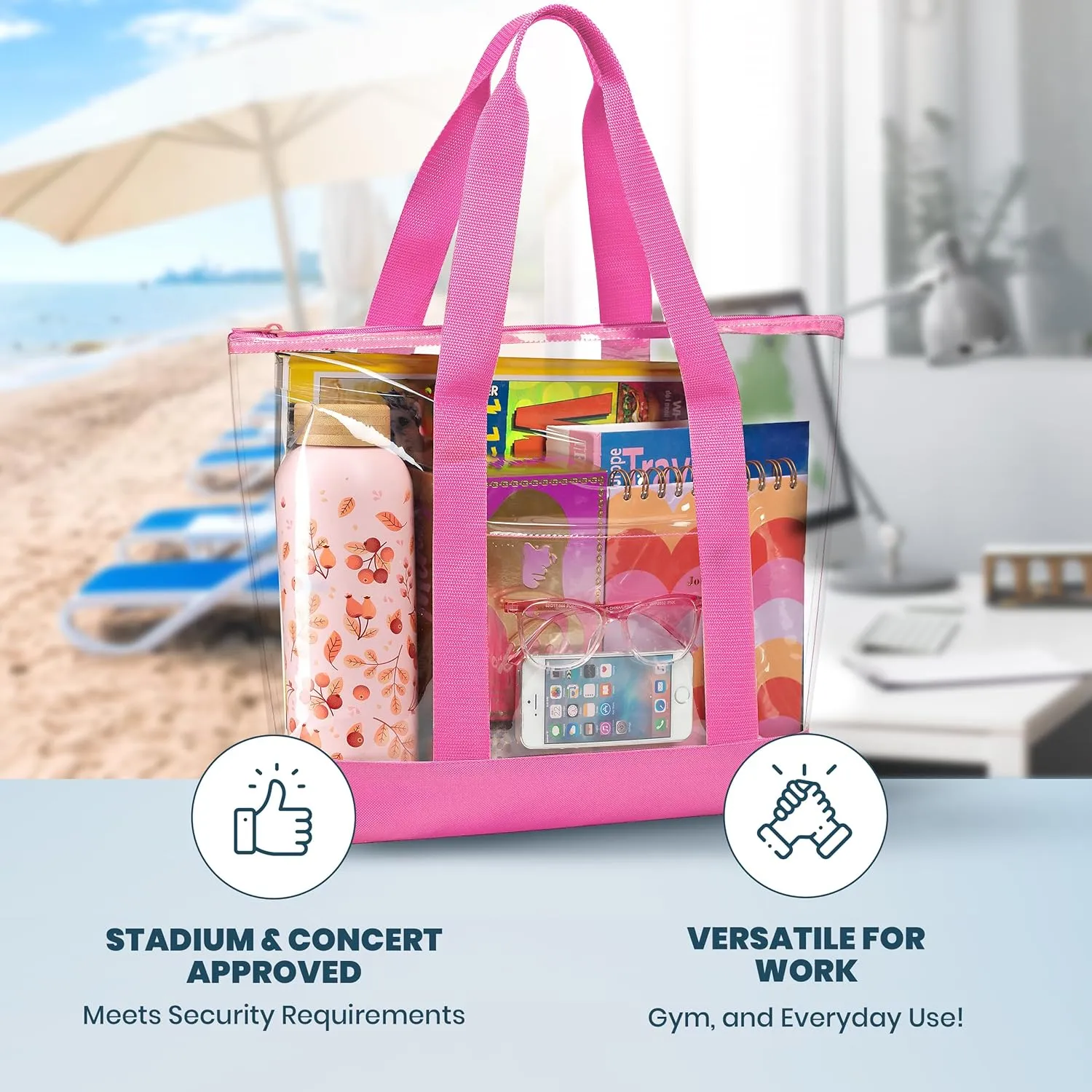 Handy Laundry Clear Tote Bag - Zipper Closure, Long Shoulder Strap, Fabric Trimming.