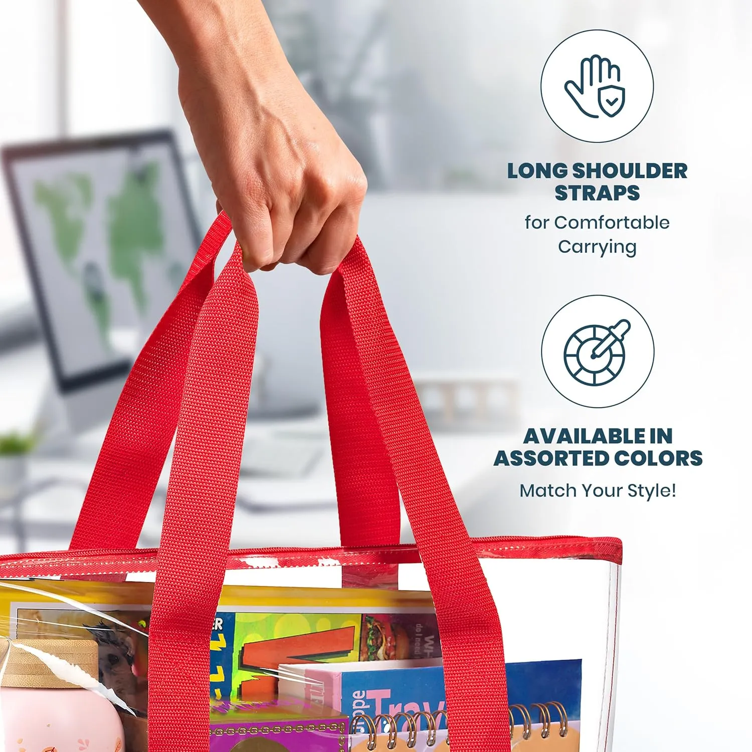 Handy Laundry Clear Tote Bag - Zipper Closure, Long Shoulder Strap, Fabric Trimming.
