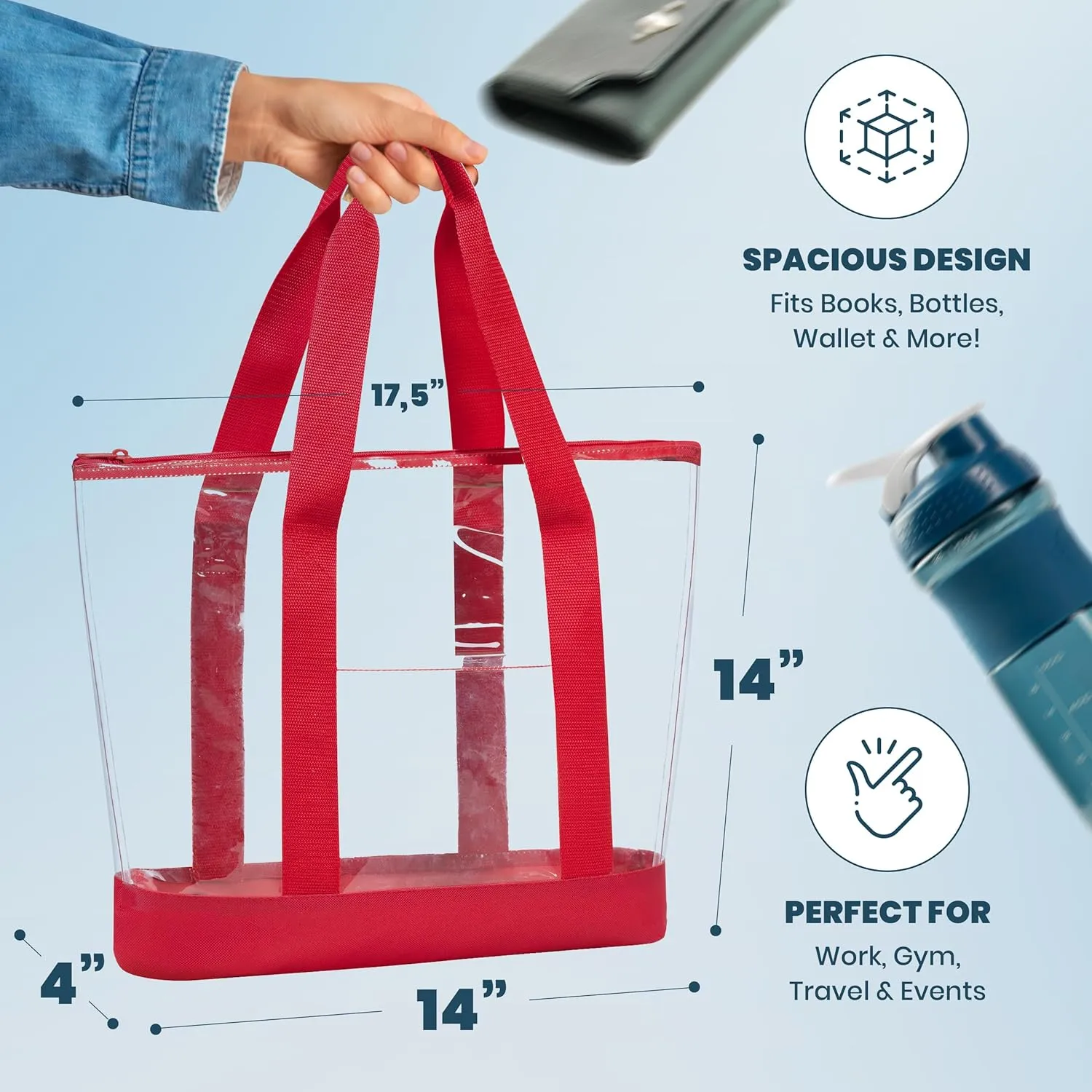 Handy Laundry Clear Tote Bag - Zipper Closure, Long Shoulder Strap, Fabric Trimming.