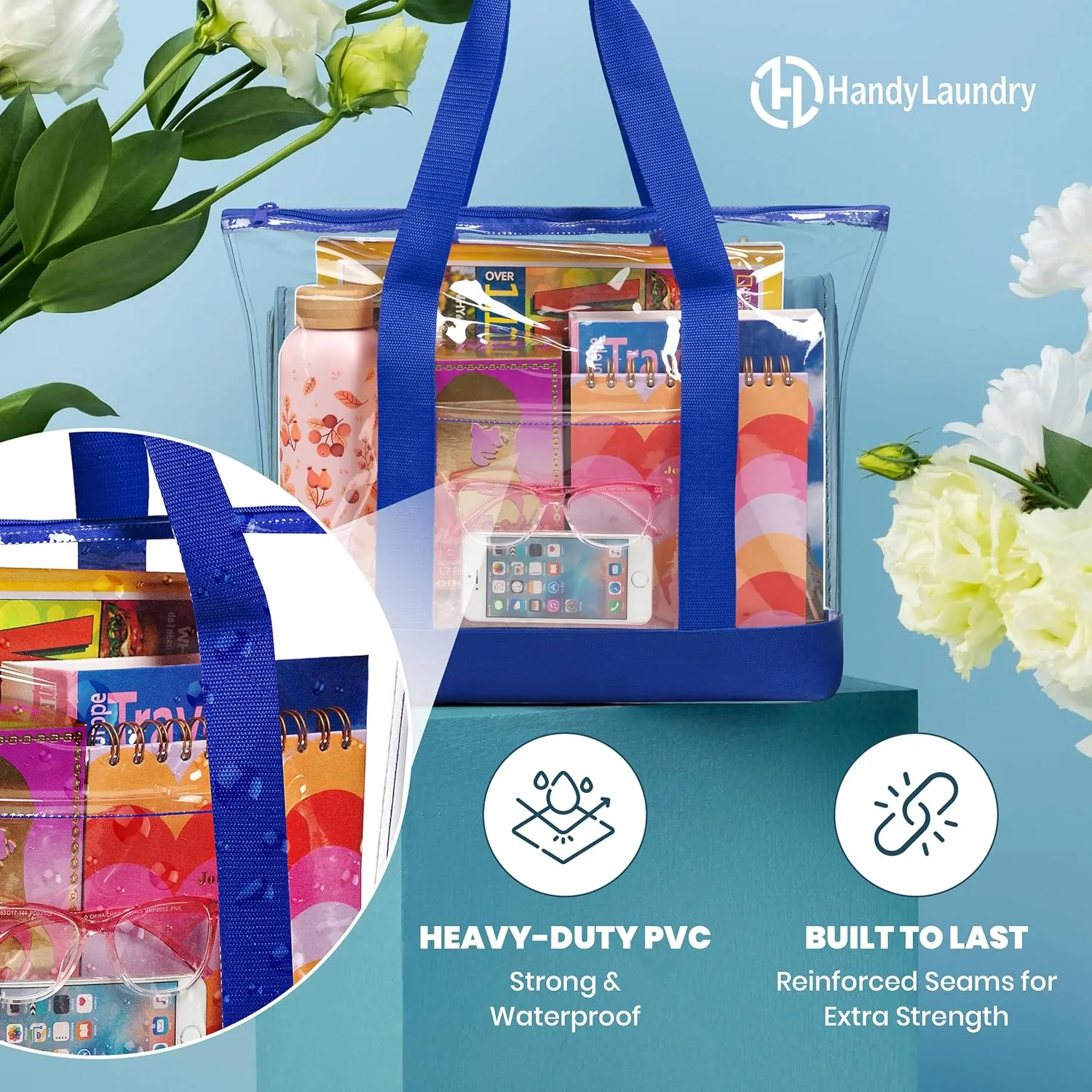 Handy Laundry Clear Tote Bag - Zipper Closure, Long Shoulder Strap, Fabric Trimming.