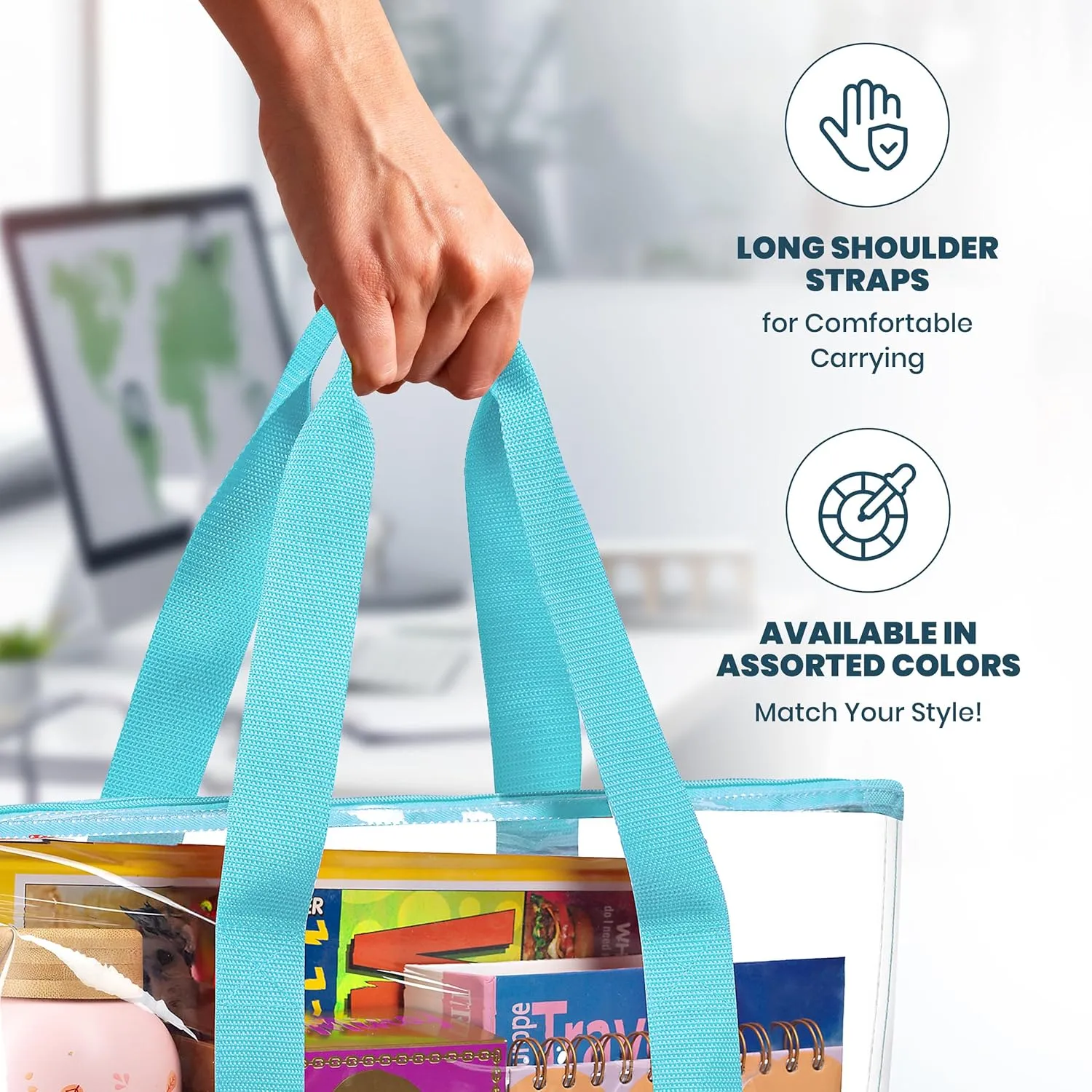 Handy Laundry Clear Tote Bag - Zipper Closure, Long Shoulder Strap, Fabric Trimming.