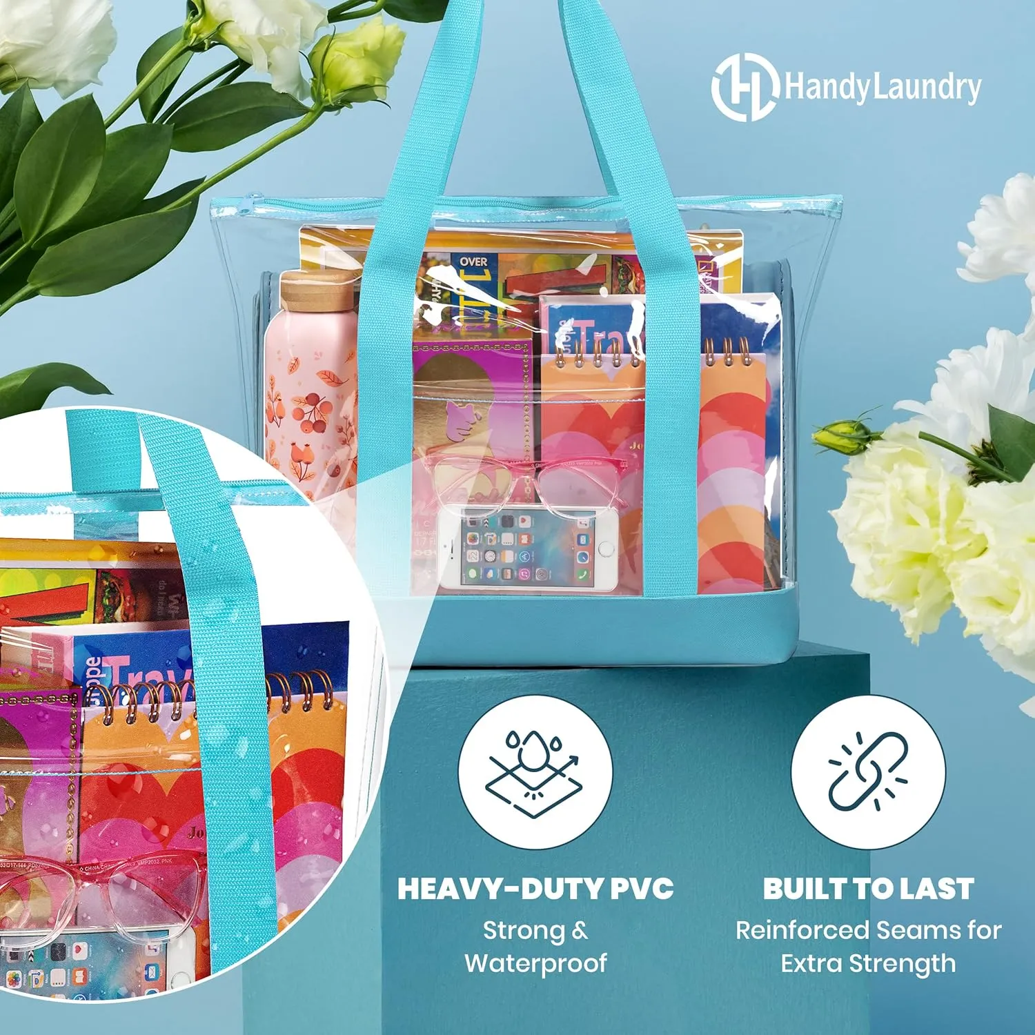 Handy Laundry Clear Tote Bag - Zipper Closure, Long Shoulder Strap, Fabric Trimming.
