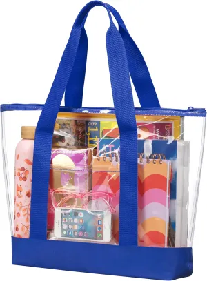 Handy Laundry Clear Tote Bag - Zipper Closure, Long Shoulder Strap, Fabric Trimming.