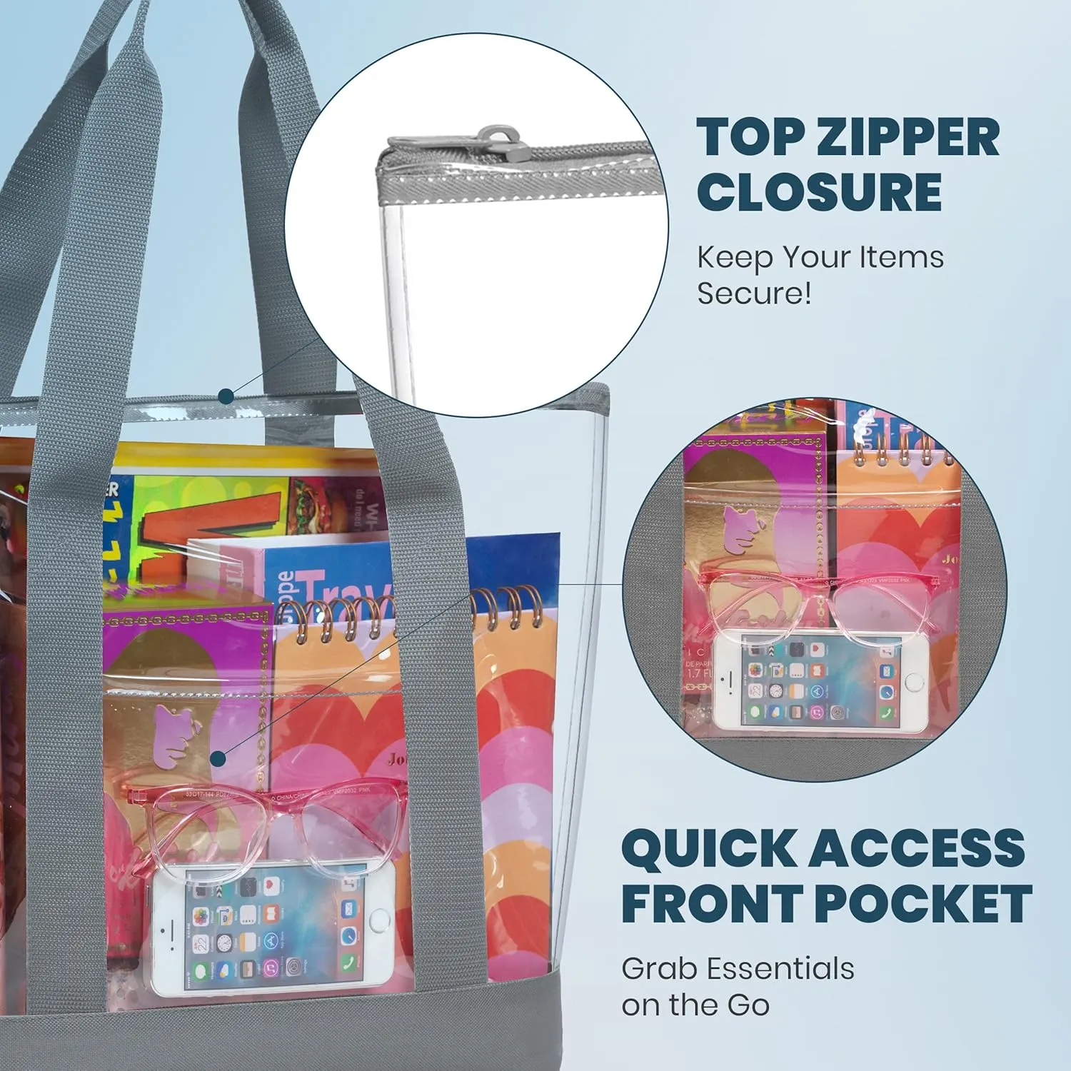 Handy Laundry Clear Tote Bag - Zipper Closure, Long Shoulder Strap, Fabric Trimming.