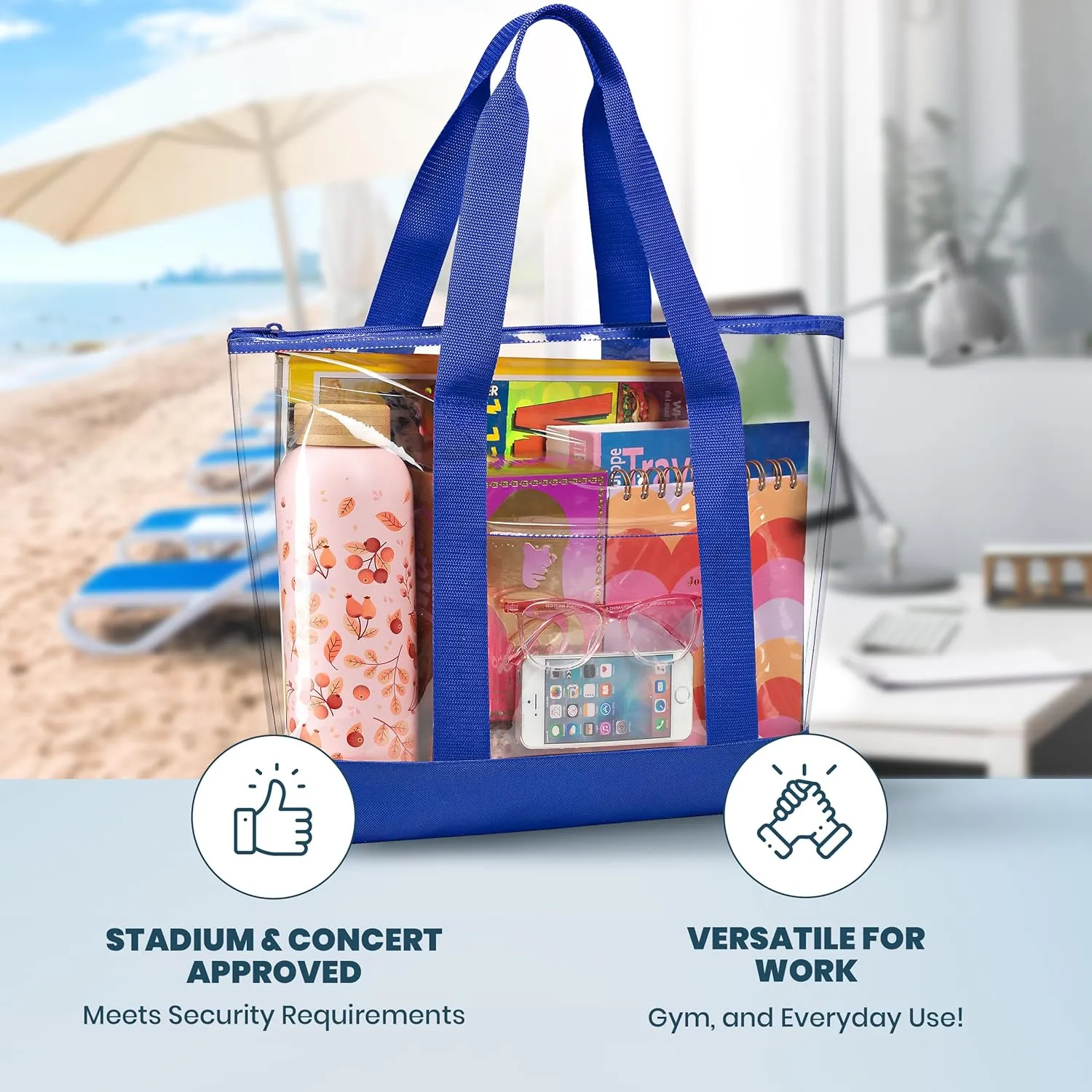 Handy Laundry Clear Tote Bag - Zipper Closure, Long Shoulder Strap, Fabric Trimming.