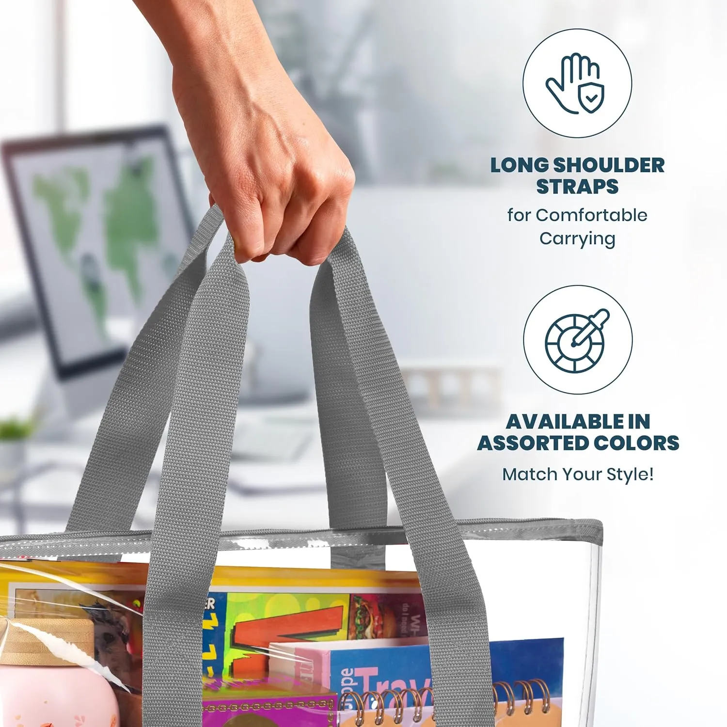 Handy Laundry Clear Tote Bag - Zipper Closure, Long Shoulder Strap, Fabric Trimming.
