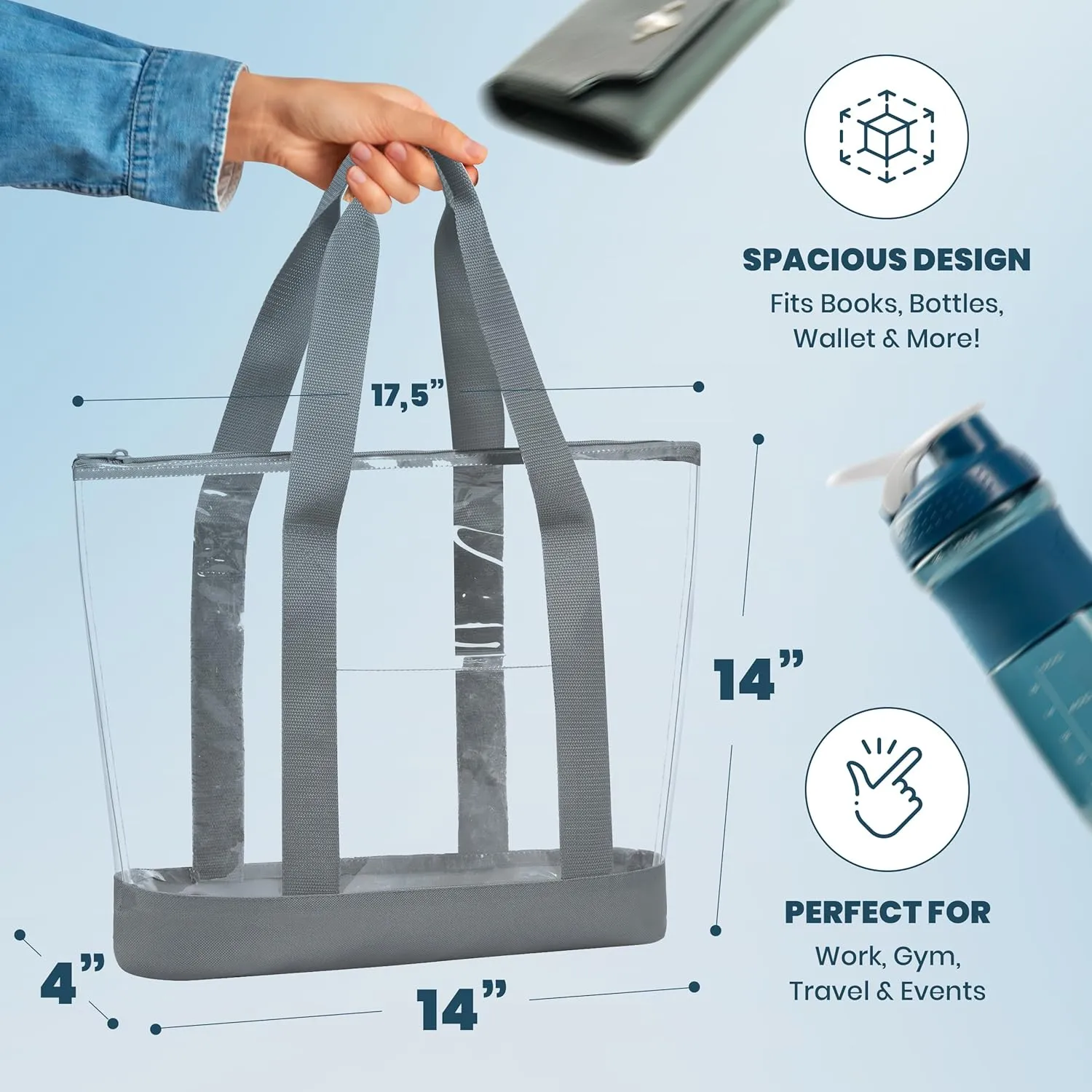 Handy Laundry Clear Tote Bag - Zipper Closure, Long Shoulder Strap, Fabric Trimming.
