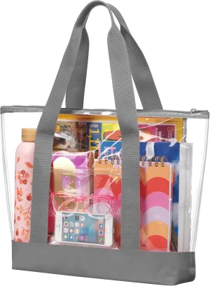 Handy Laundry Clear Tote Bag - Zipper Closure, Long Shoulder Strap, Fabric Trimming.