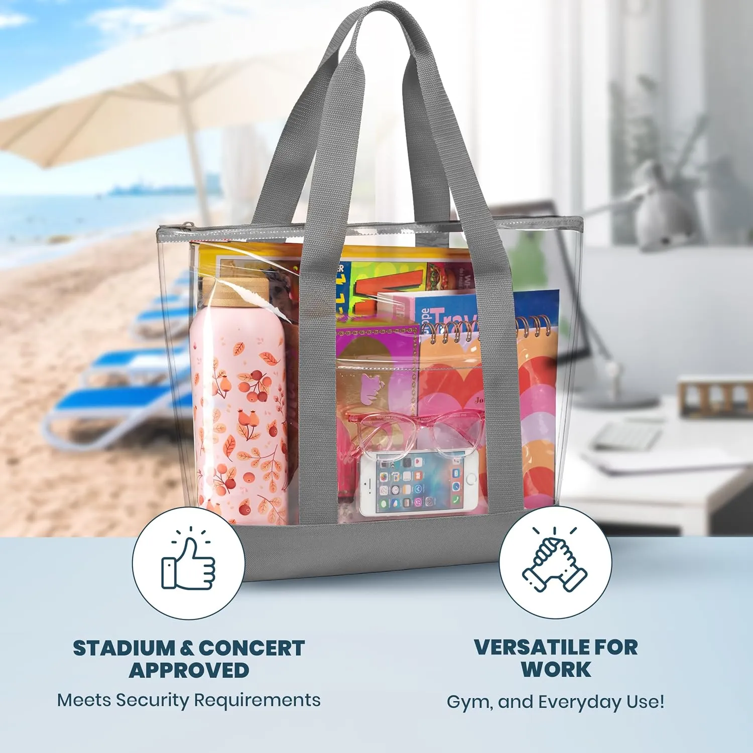 Handy Laundry Clear Tote Bag - Zipper Closure, Long Shoulder Strap, Fabric Trimming.