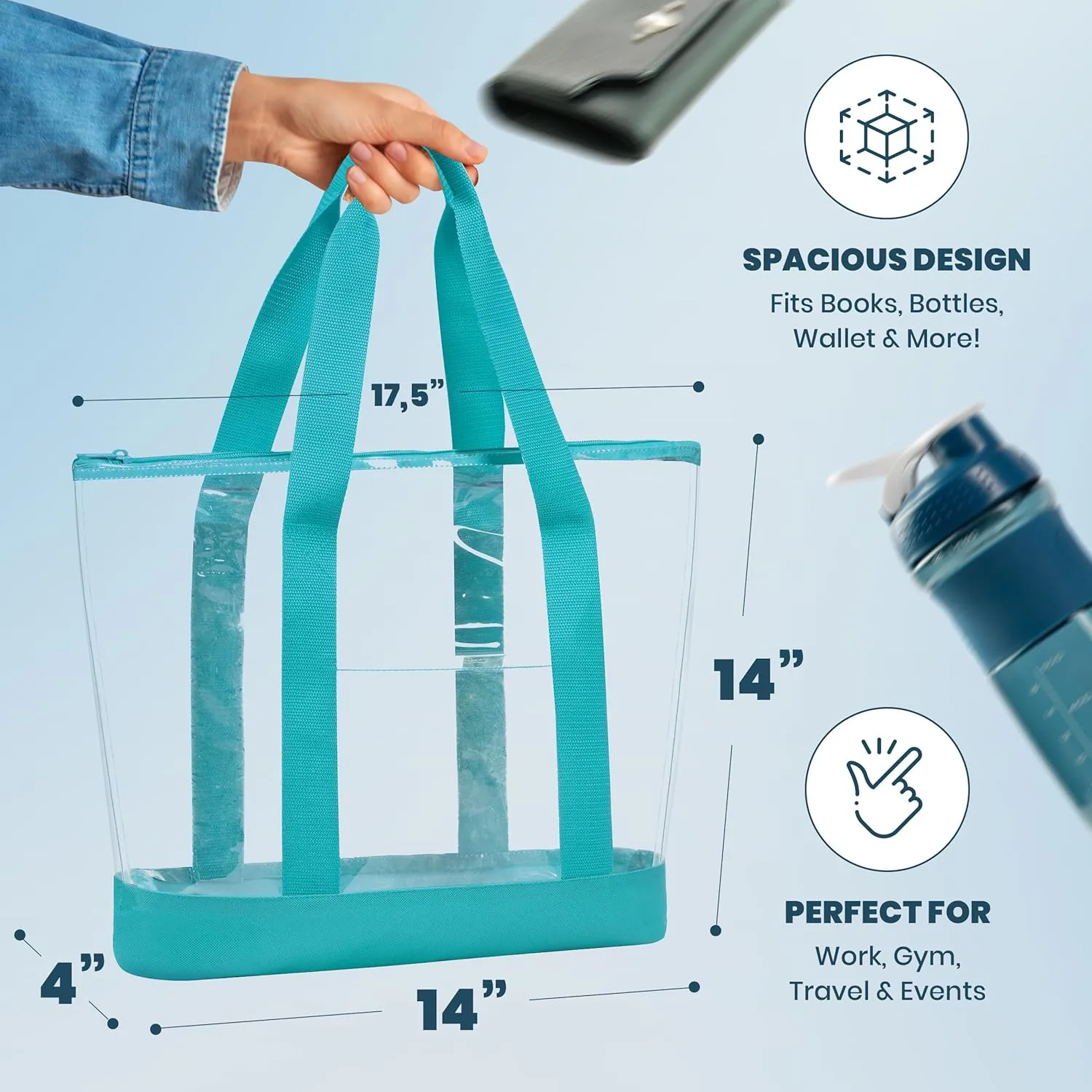 Handy Laundry Clear Tote Bag - Zipper Closure, Long Shoulder Strap, Fabric Trimming.