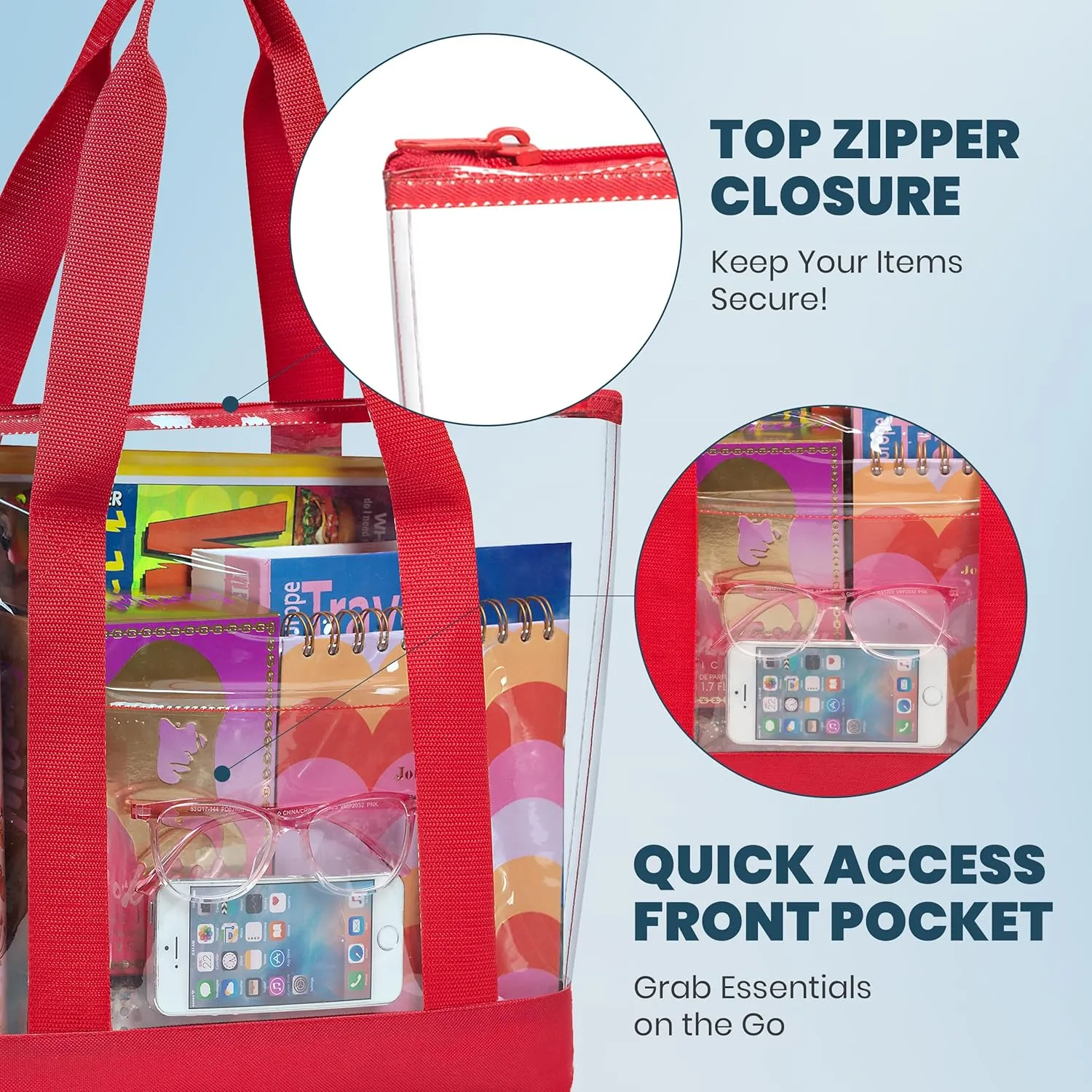 Handy Laundry Clear Tote Bag - Zipper Closure, Long Shoulder Strap, Fabric Trimming.