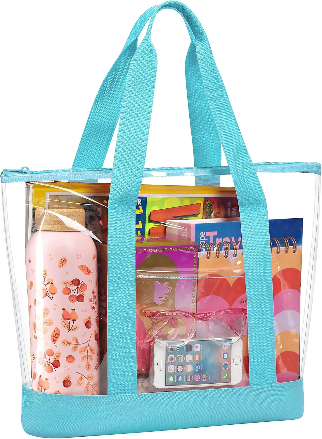 Handy Laundry Clear Tote Bag - Zipper Closure, Long Shoulder Strap, Fabric Trimming.
