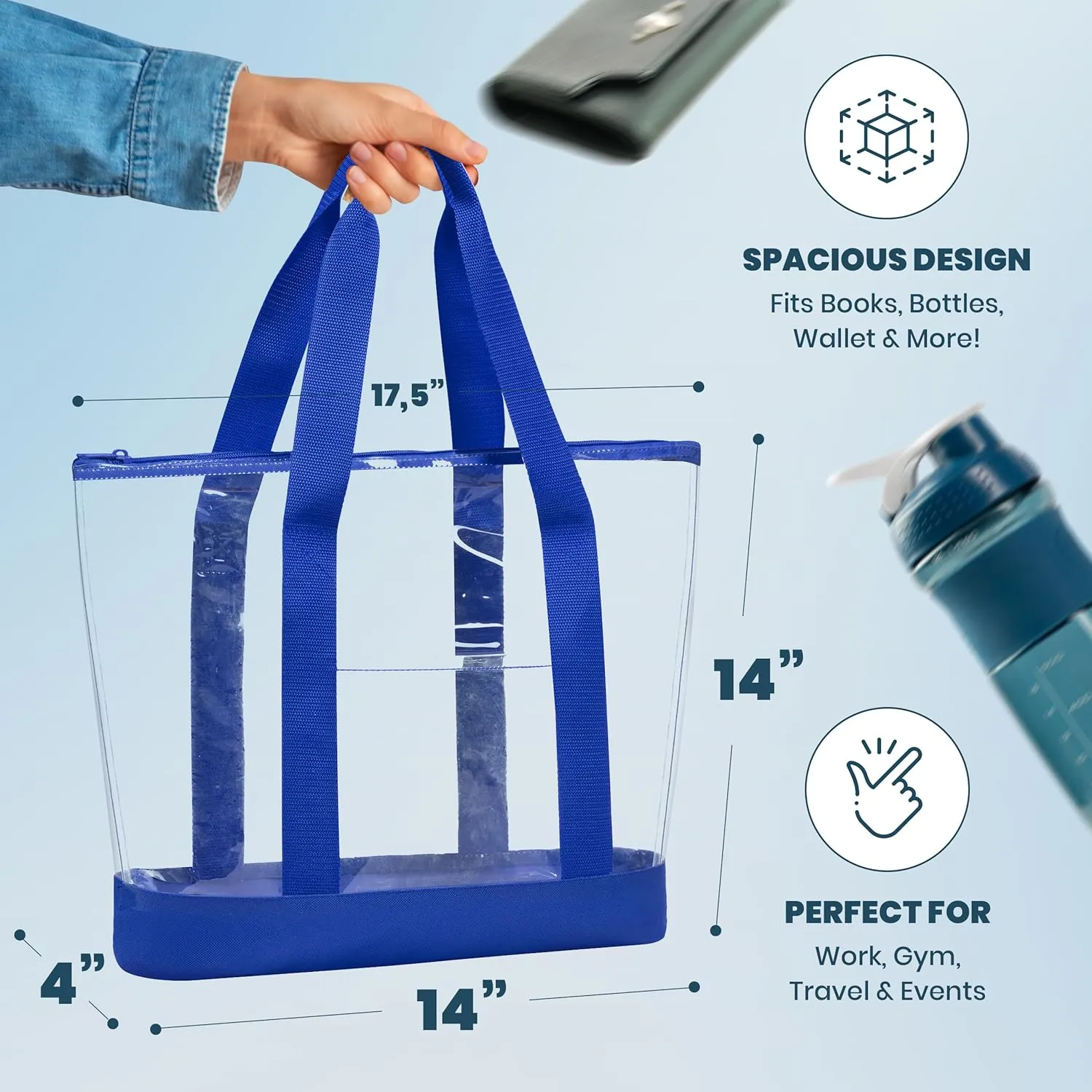 Handy Laundry Clear Tote Bag - Zipper Closure, Long Shoulder Strap, Fabric Trimming.