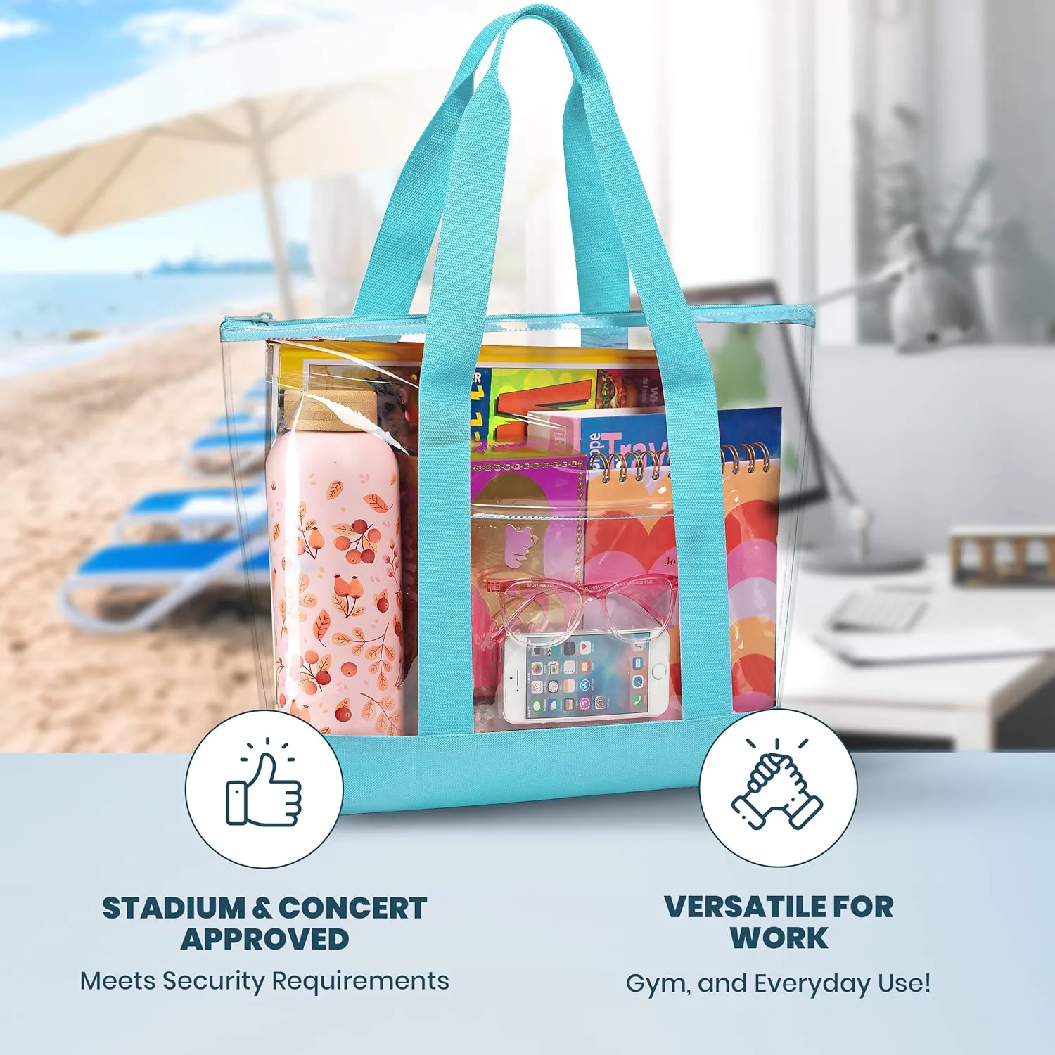 Handy Laundry Clear Tote Bag - Zipper Closure, Long Shoulder Strap, Fabric Trimming.