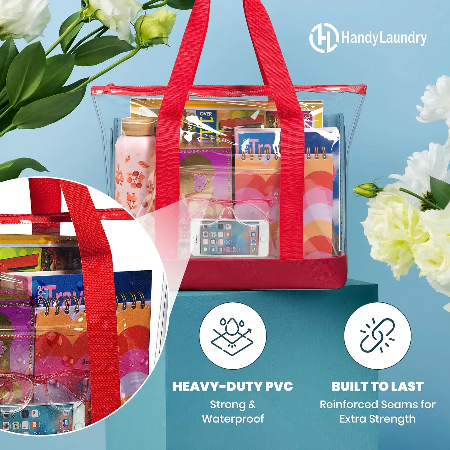 Handy Laundry Clear Tote Bag - Zipper Closure, Long Shoulder Strap, Fabric Trimming.