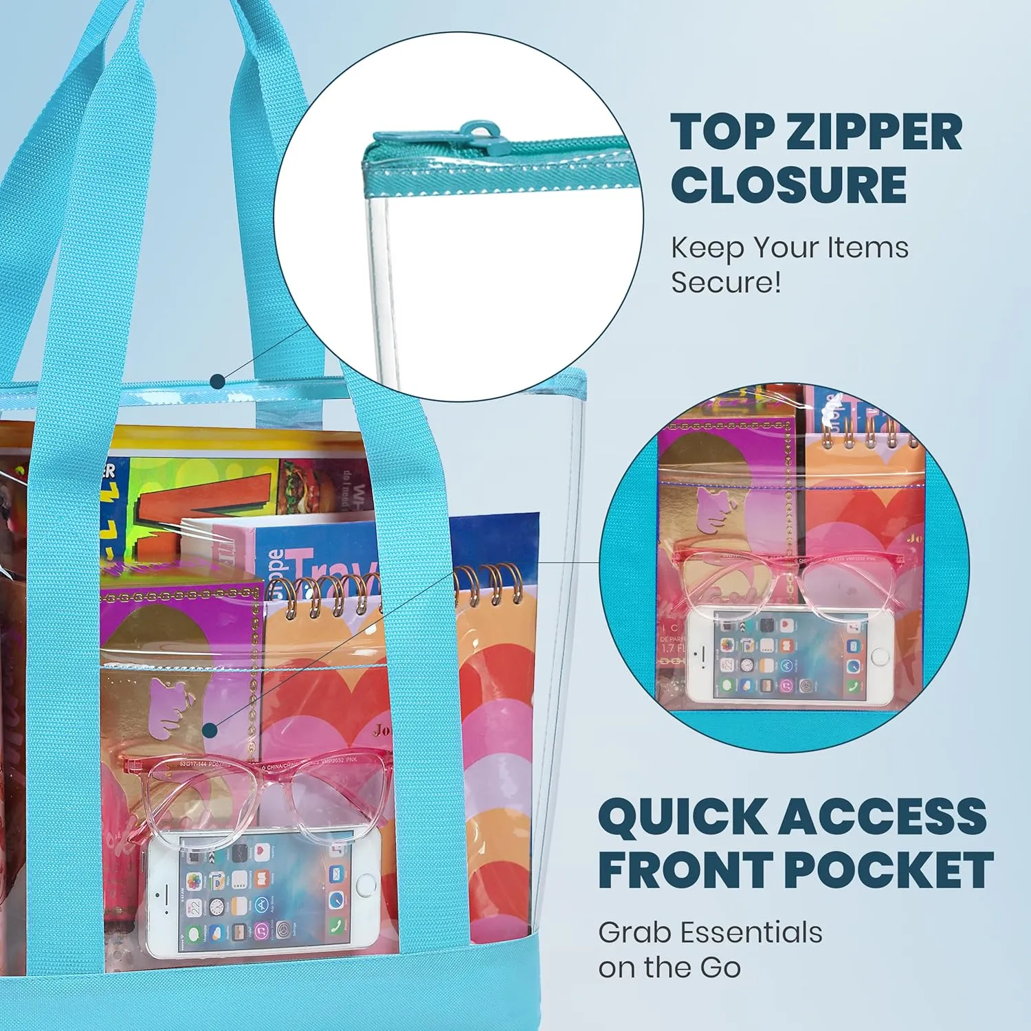 Handy Laundry Clear Tote Bag - Zipper Closure, Long Shoulder Strap, Fabric Trimming.