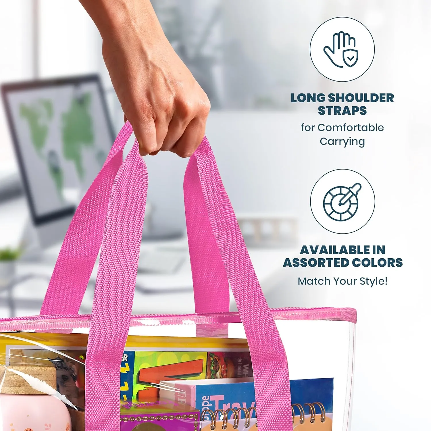 Handy Laundry Clear Tote Bag - Zipper Closure, Long Shoulder Strap, Fabric Trimming.