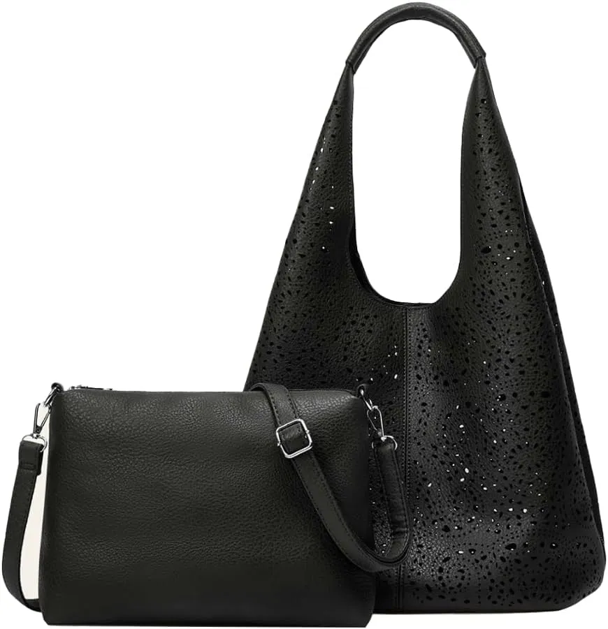 Hollow Out Hobo Bags for Women Boho PU Leather Handbag with Inner Bag Shoulder Bags for Beach Travel Vacation