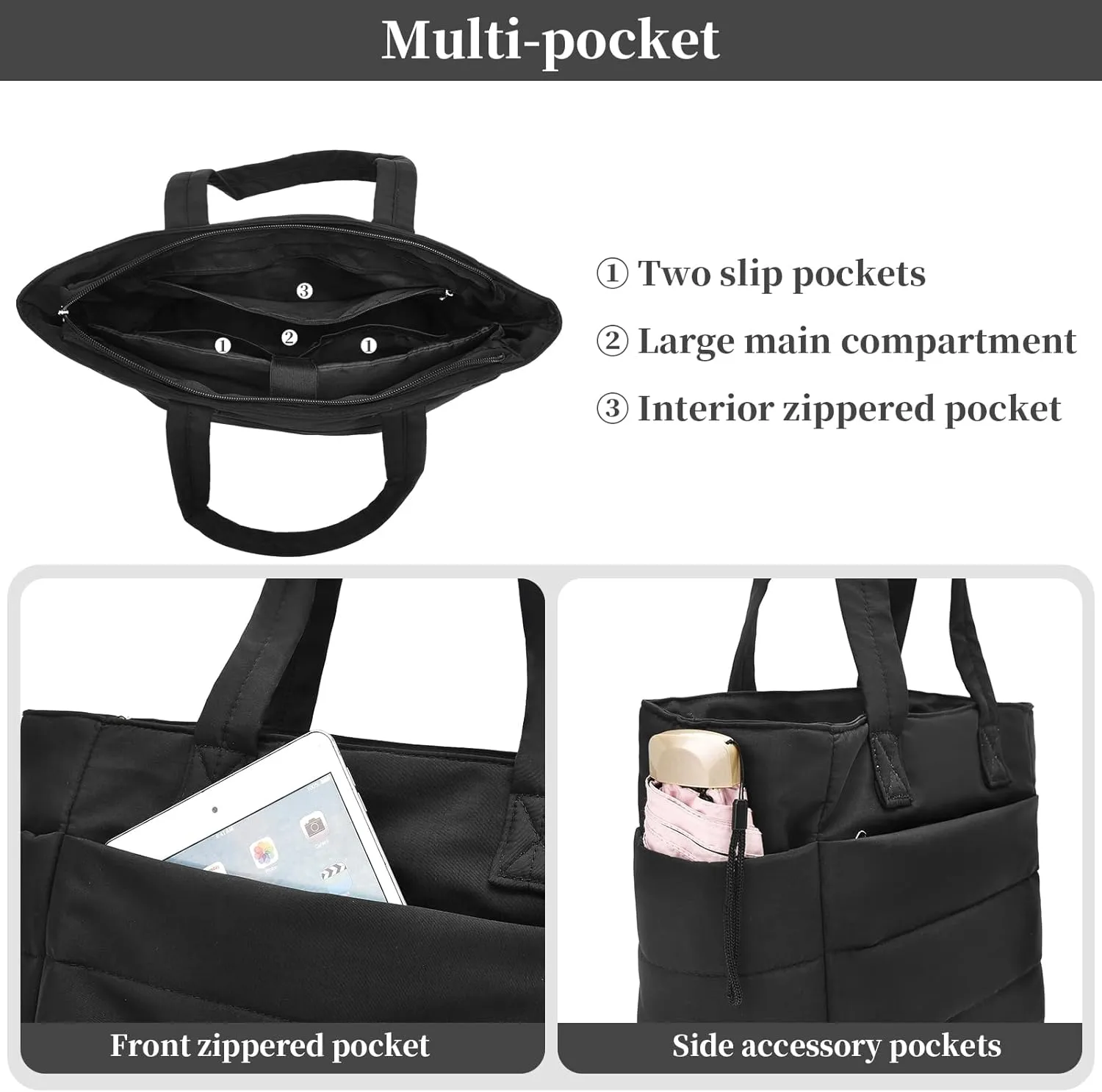 I IHAYNER Tote Bag for Women Lightweight Quilted Puffy Shoulder Handbag for Travel Work with Functional Compartments