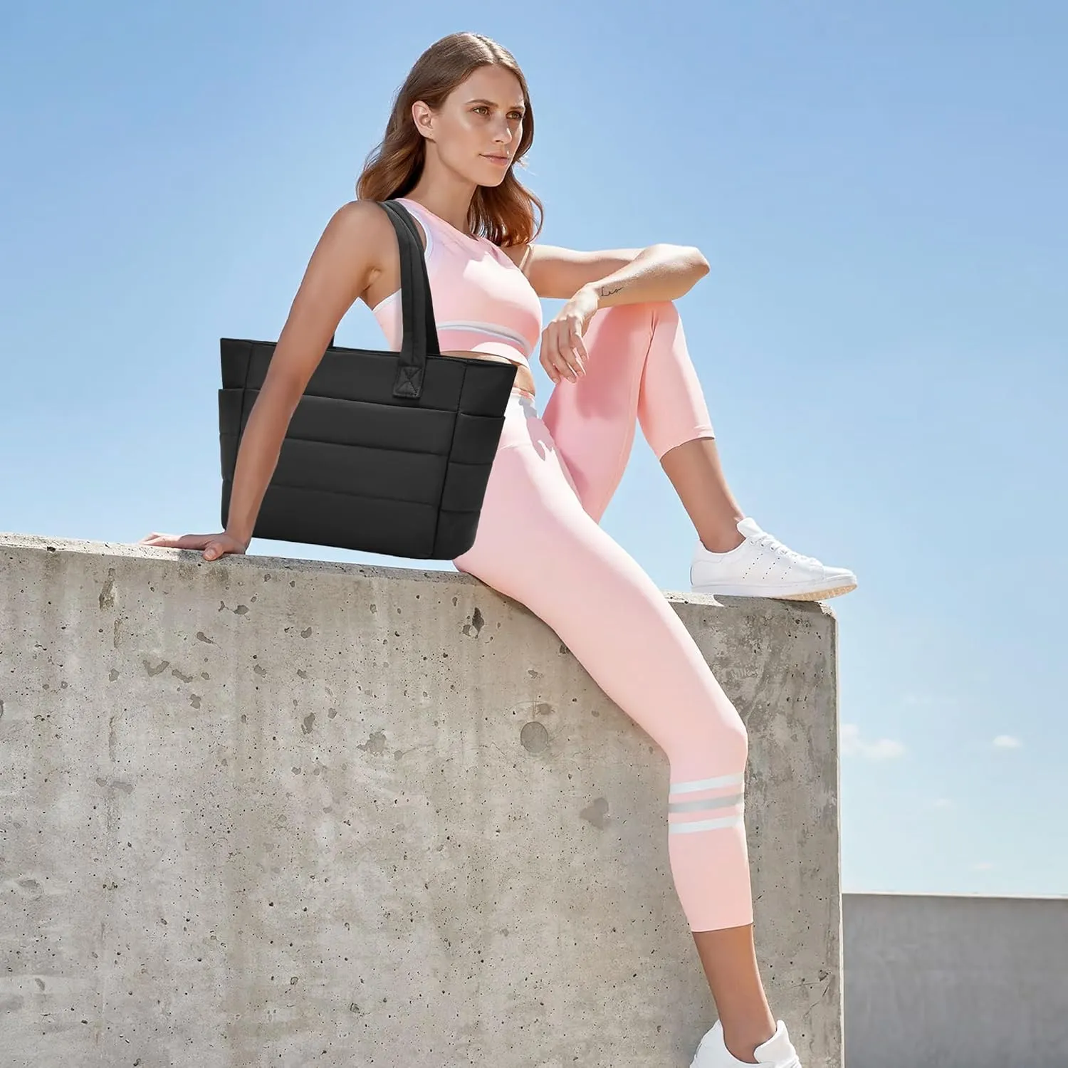 I IHAYNER Tote Bag for Women Lightweight Quilted Puffy Shoulder Handbag for Travel Work with Functional Compartments