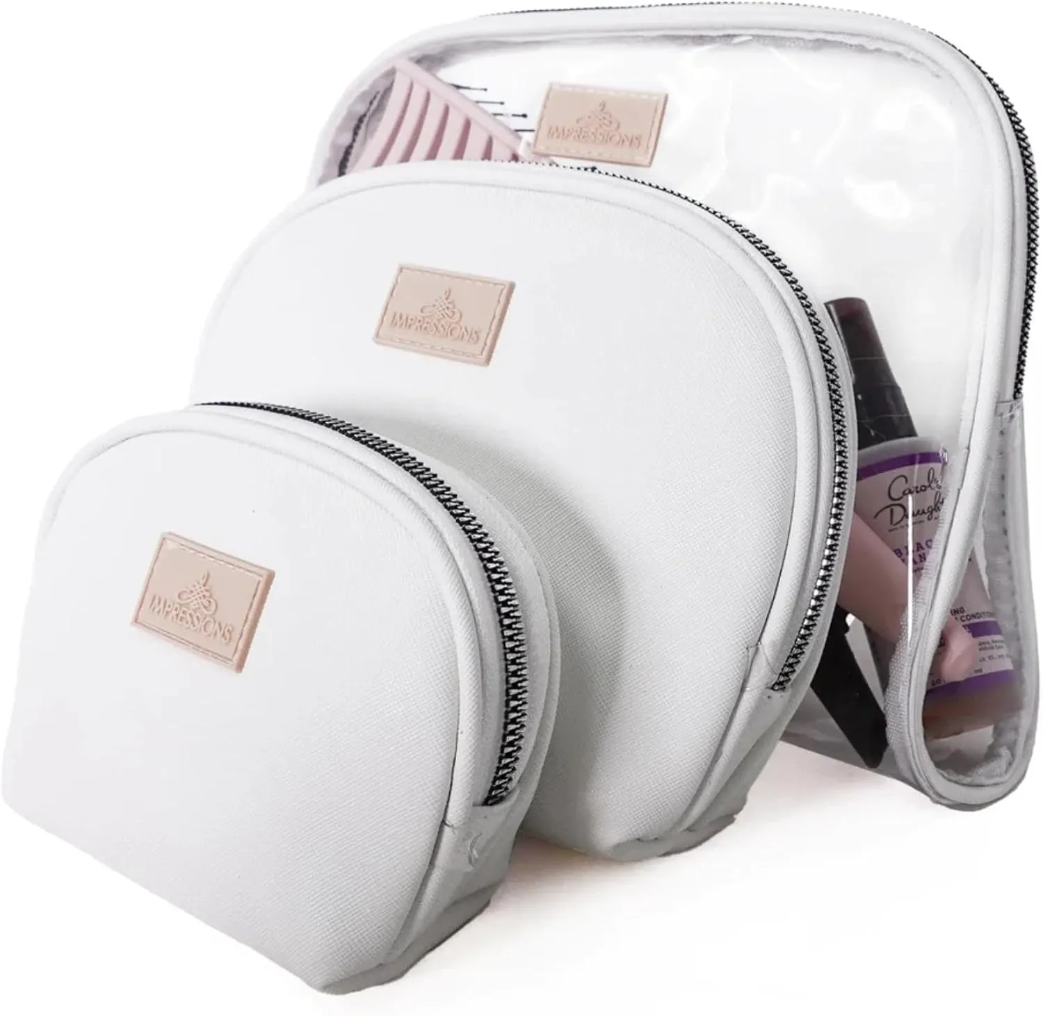 Impressions Vanity Havana Arch 3 pieces Zippered Travel Makeup Bag Set, Waterproof Faux Leather Traveling Cosmetic Pouches, and Large Clear Toiletry Bag for Women (White)