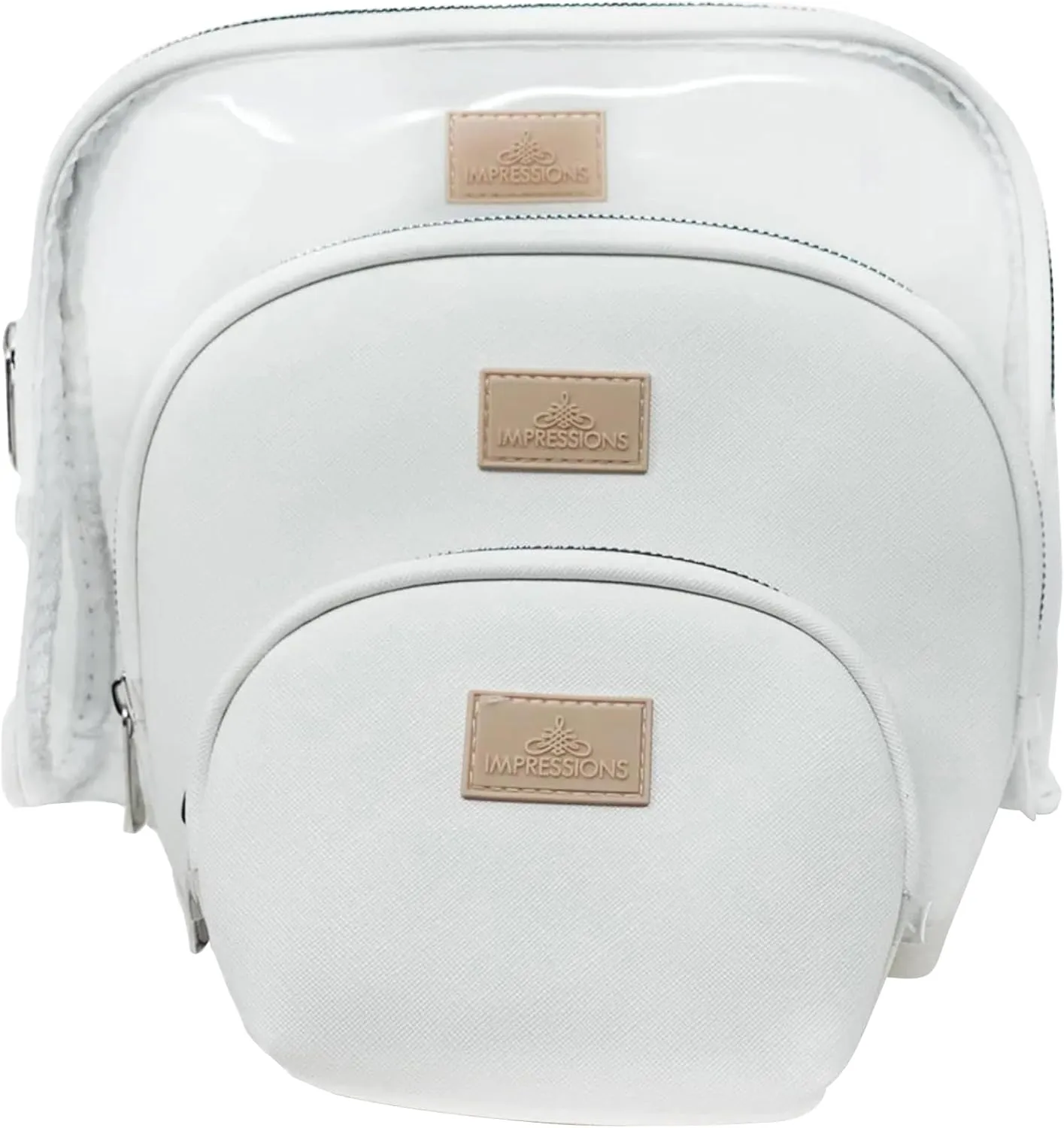 Impressions Vanity Havana Arch 3 pieces Zippered Travel Makeup Bag Set, Waterproof Faux Leather Traveling Cosmetic Pouches, and Large Clear Toiletry Bag for Women (White)