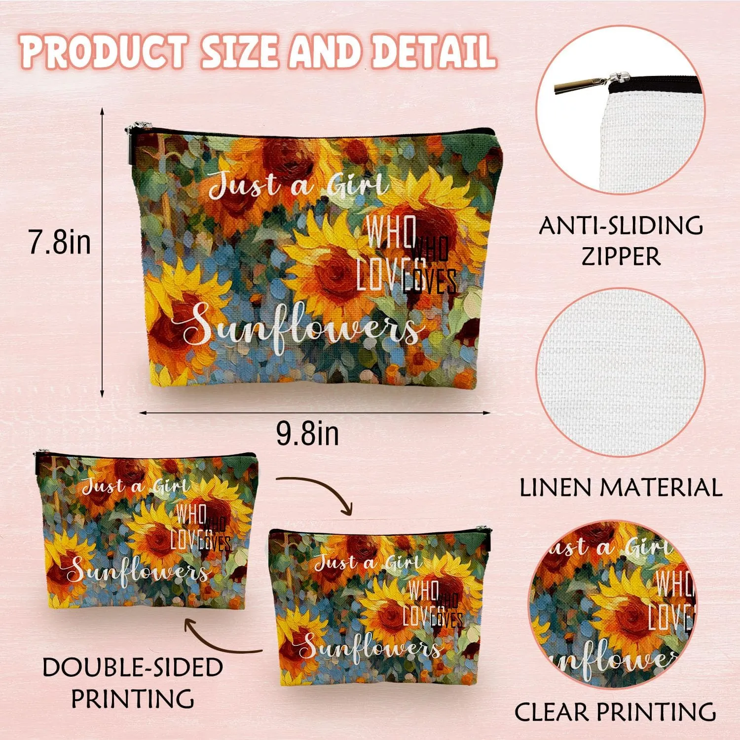 Inspirational Sunflower Cosmetic Bag for Women Ladies - Small Toiletry Cosmetic Handy Bag for Friends Daughter on Christmas Birthday - Zipper Closure Travel Pouch Storage Clutch Purse