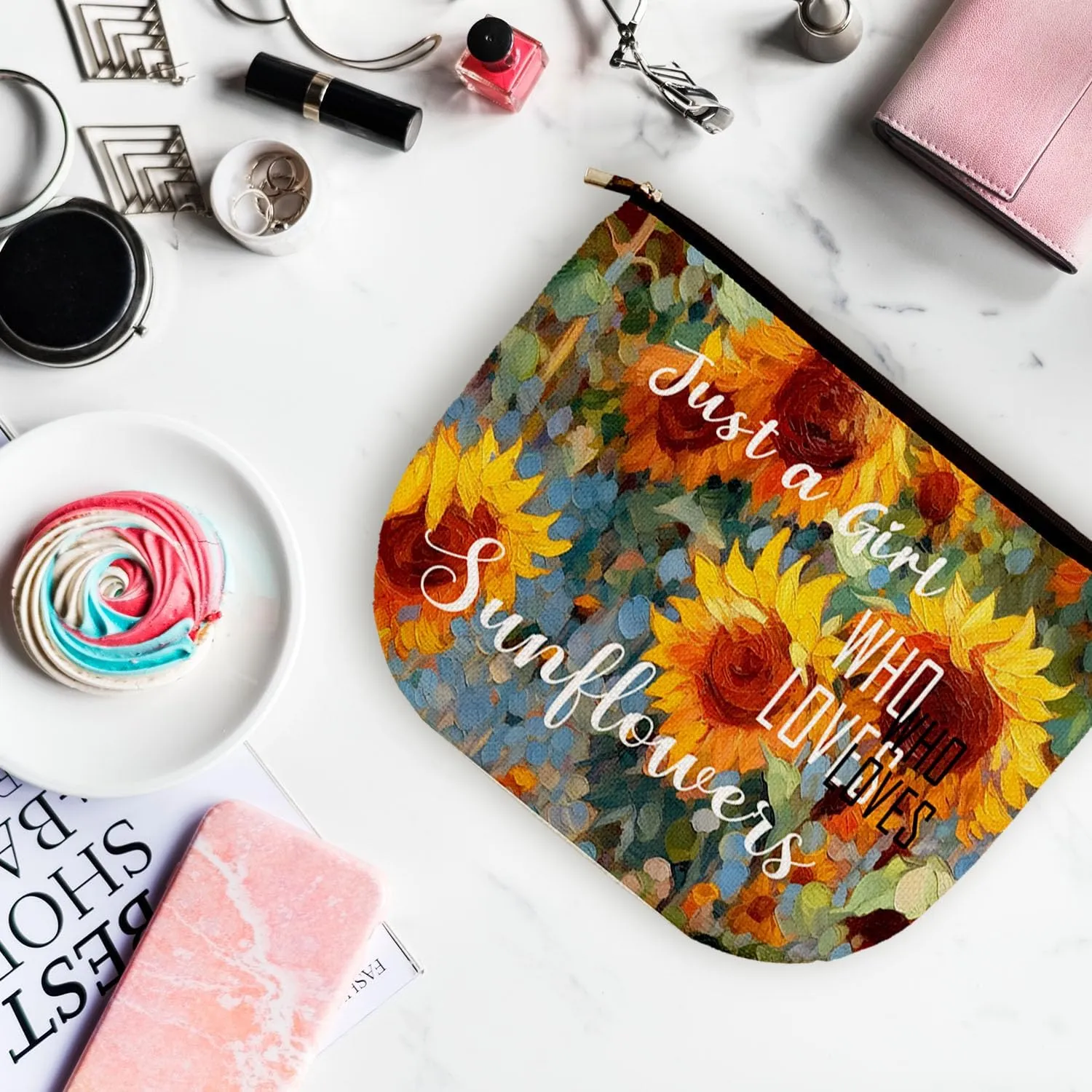 Inspirational Sunflower Cosmetic Bag for Women Ladies - Small Toiletry Cosmetic Handy Bag for Friends Daughter on Christmas Birthday - Zipper Closure Travel Pouch Storage Clutch Purse