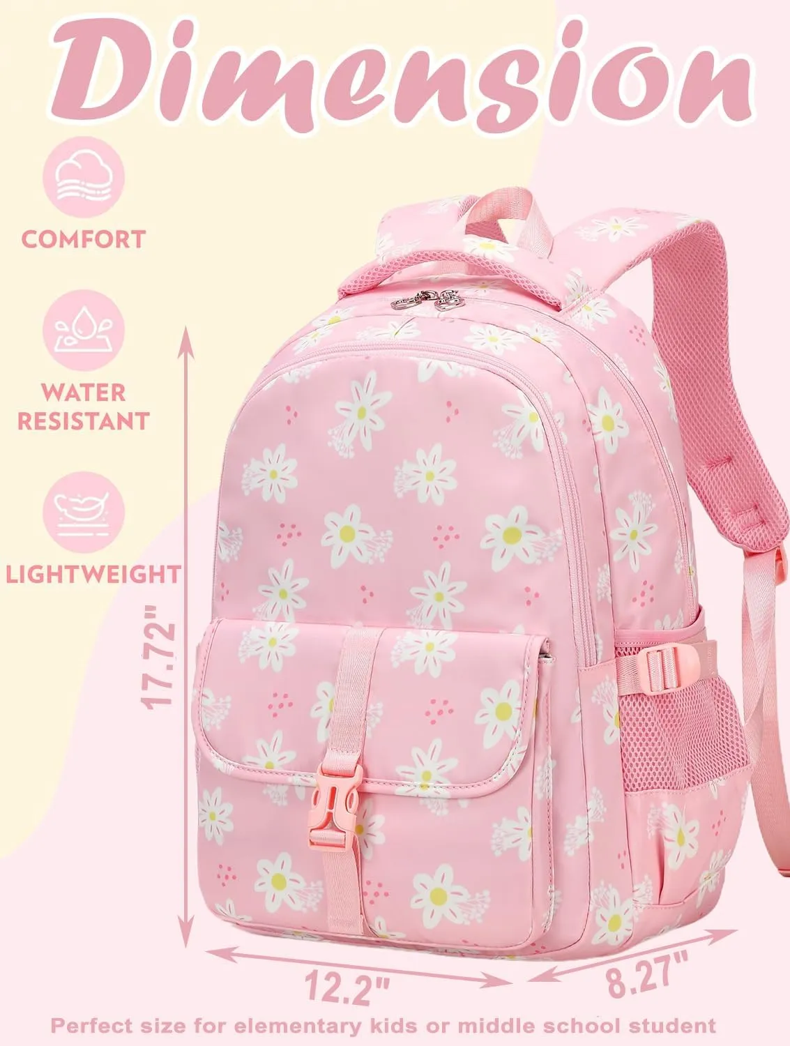 Joyfulife Lightweight Water Resistant Daisy Backpacks for Girls Elementary Primary Middle High School Backpack Teens Childs Bookbag Back to School Bag