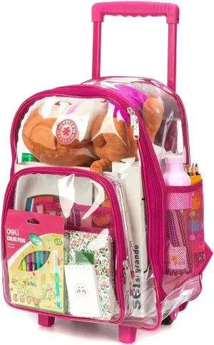 K-Cliffs Rolling Clear Backpack Heavy Duty Bookbag Quality See Through Workbag Travel Daypack Transparent School Book Bags w/Wheels Hot Pink