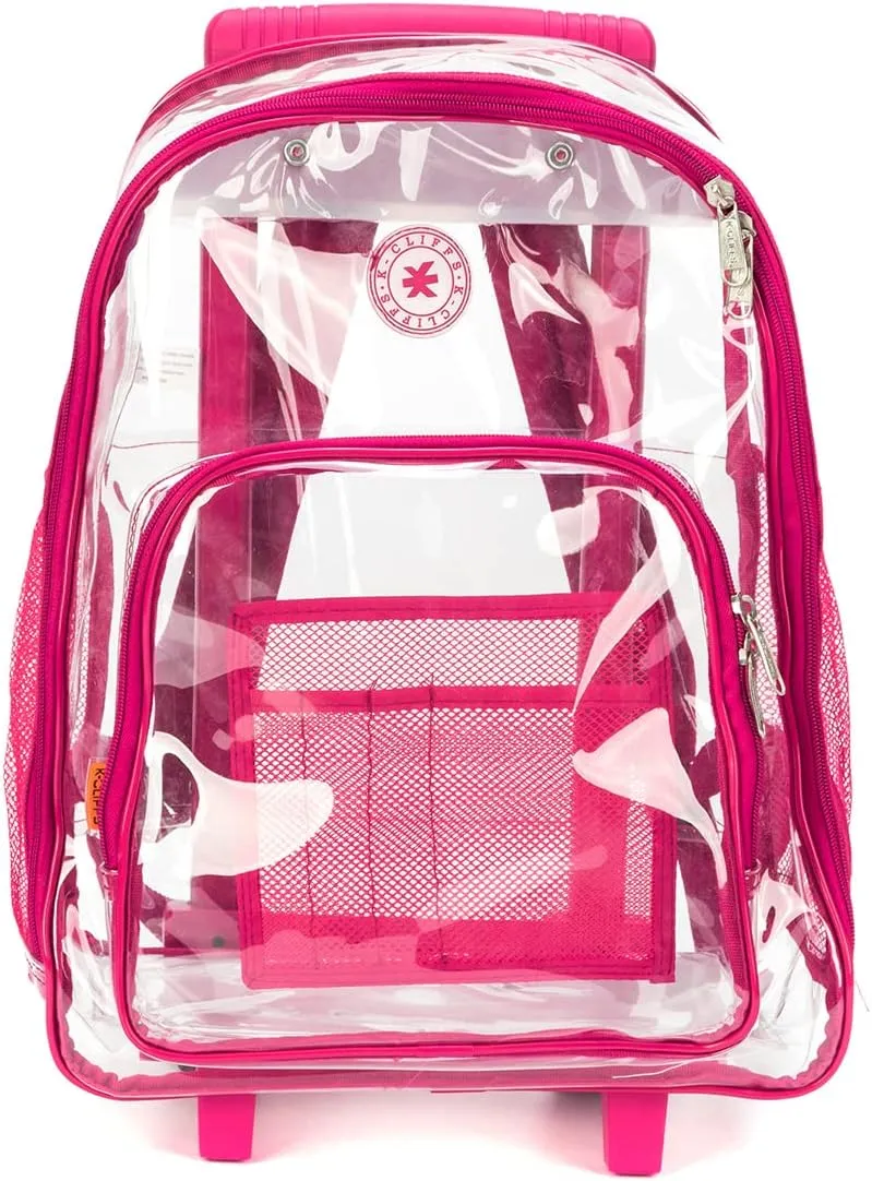 K-Cliffs Rolling Clear Backpack Heavy Duty Bookbag Quality See Through Workbag Travel Daypack Transparent School Book Bags w/Wheels Hot Pink