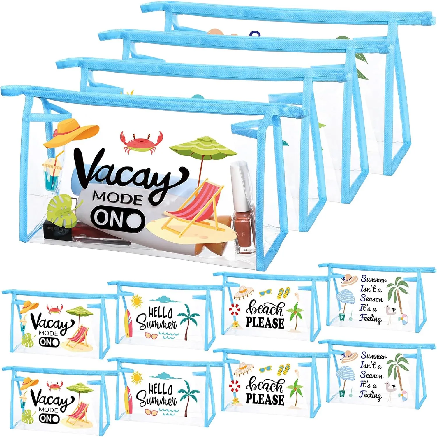 Kacctyen 12 Pcs Summer Clear Waterproof Makeup Bags Portable Blue Border Transparent Cosmetic Bags Plastic Beach Makeup Pouch with Zipper for Toiletries Travel Summer Vacation Organization