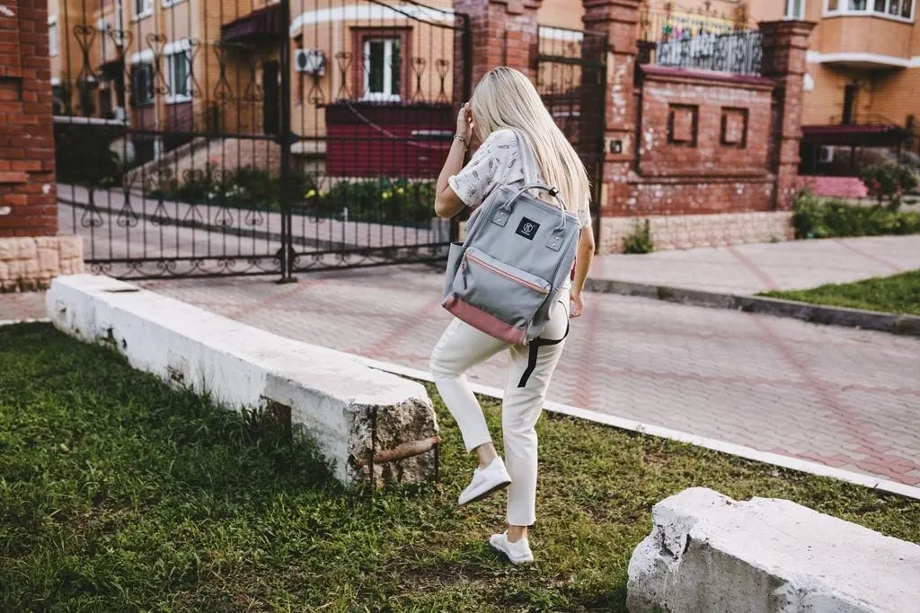 Kah&Kee Polyester Travel Backpack Functional Anti-theft School Laptop for Women Men (Light Grey*Pink, Medium)