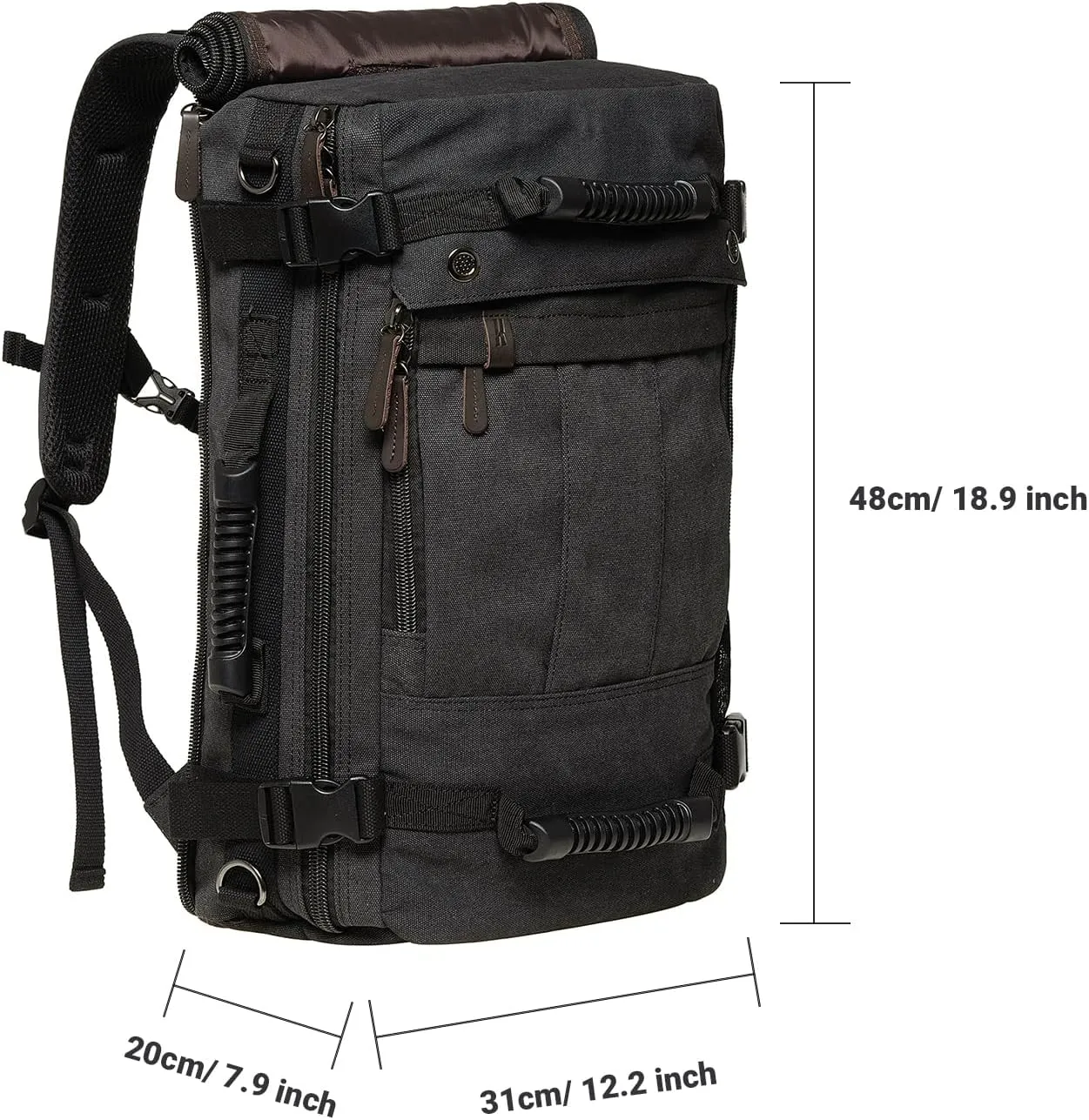 KAUKKO Canvas Travel Backpack Multi-Functional Bag Fits 17" Laptop, Large Capacity Hiking Backpack, Outdoor Casual Daypack BLACK,23.8L