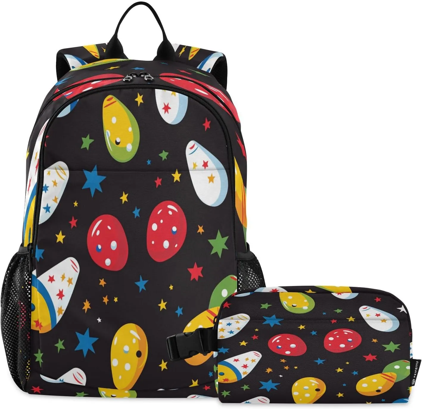 Kids Backpack with Lunch Bag Bowling Star Black Boys Girls Backpacks Set