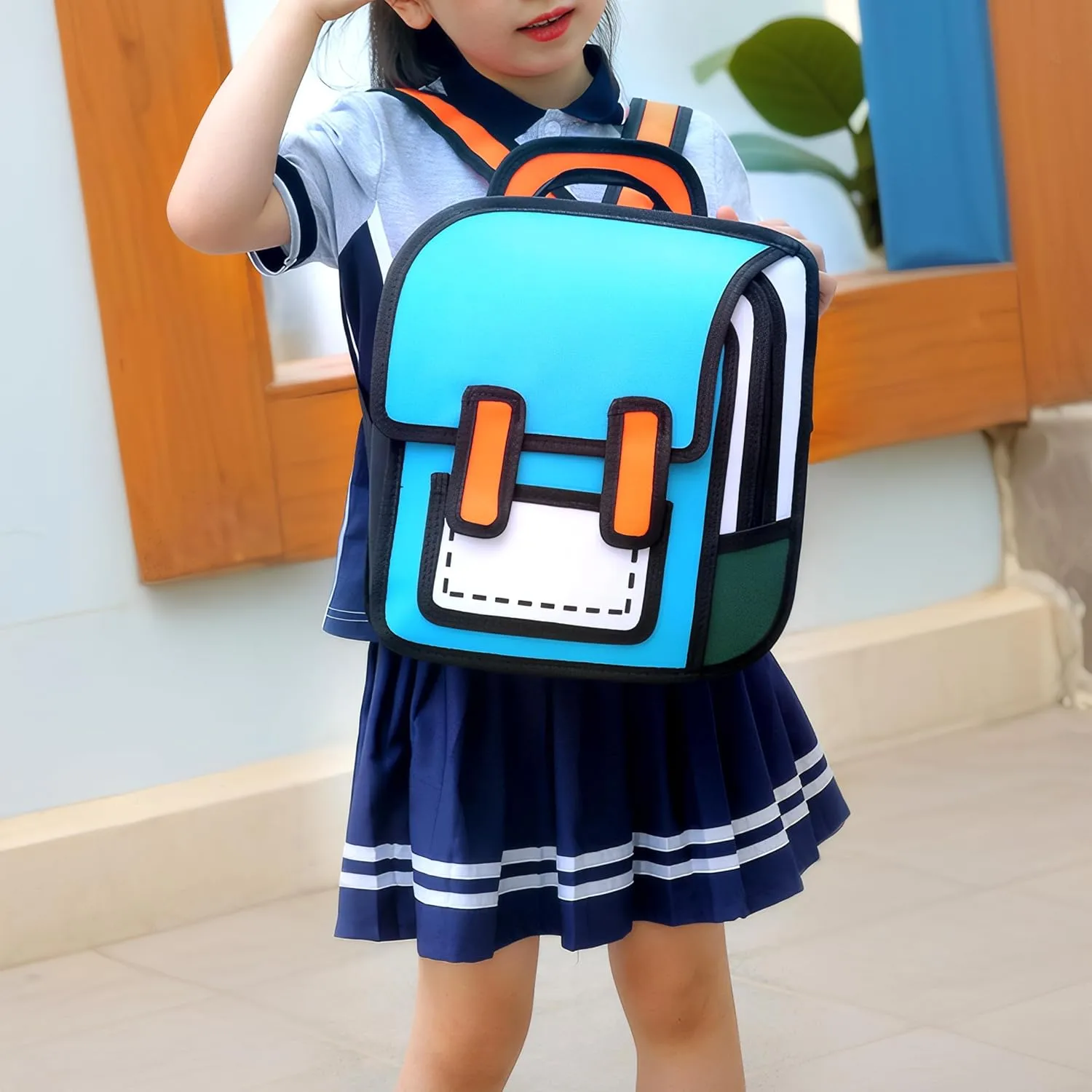 Kids Kawaii Backpack for Boys Girls Cute Toddler 2D Cartoon Comic Paper Jump Bookbag Fun Weird School Schoolbag (Blue, Large)