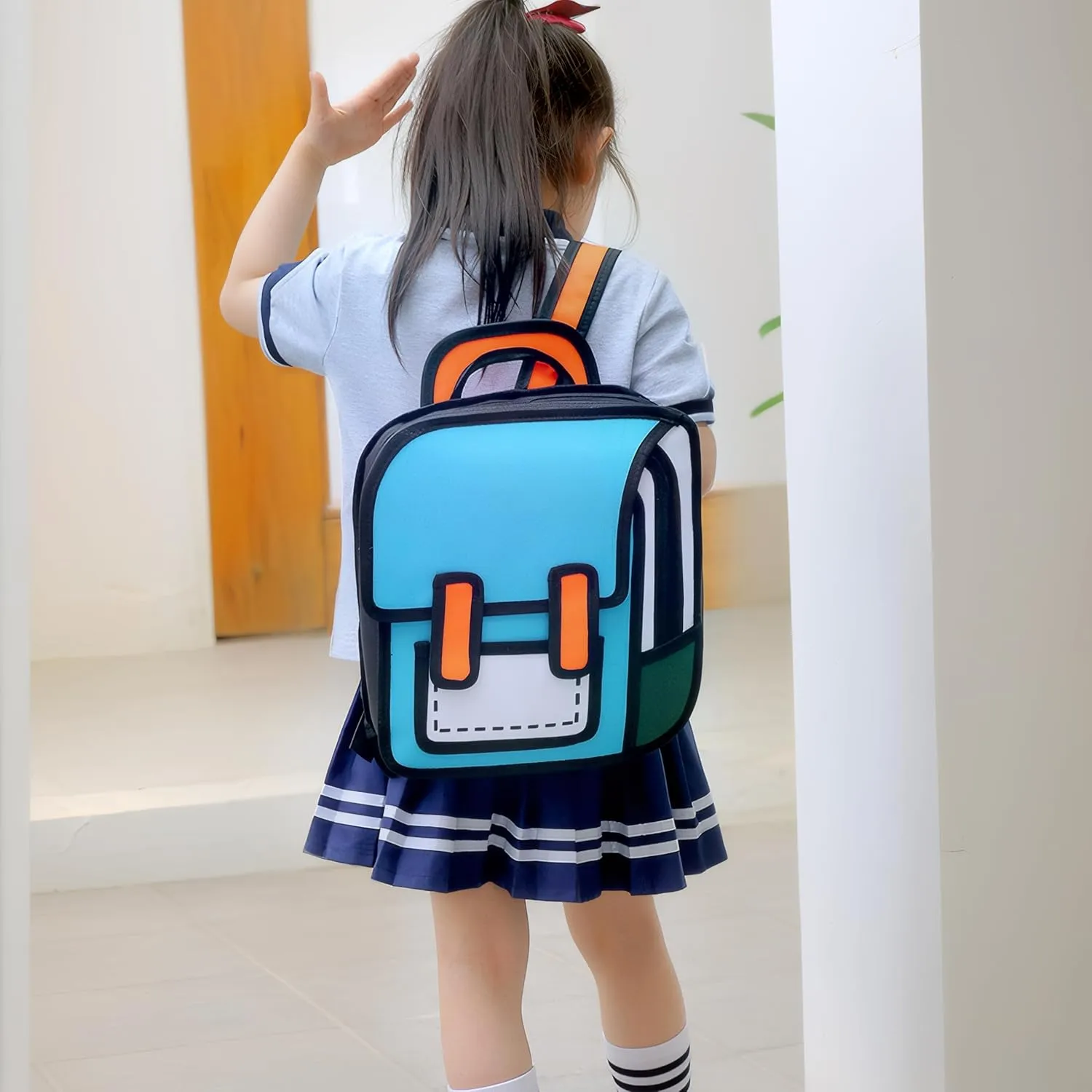 Kids Kawaii Backpack for Boys Girls Cute Toddler 2D Cartoon Comic Paper Jump Bookbag Fun Weird School Schoolbag (Blue, Large)