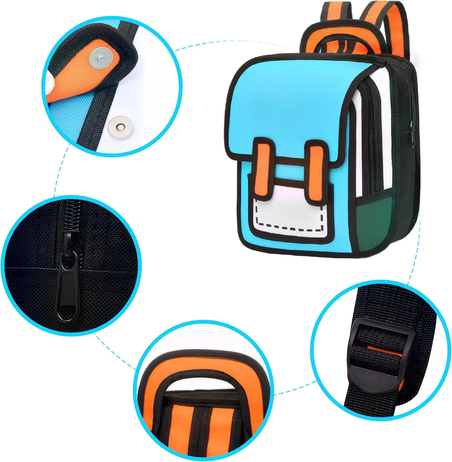 Kids Kawaii Backpack for Boys Girls Cute Toddler 2D Cartoon Comic Paper Jump Bookbag Fun Weird School Schoolbag (Blue, Large)