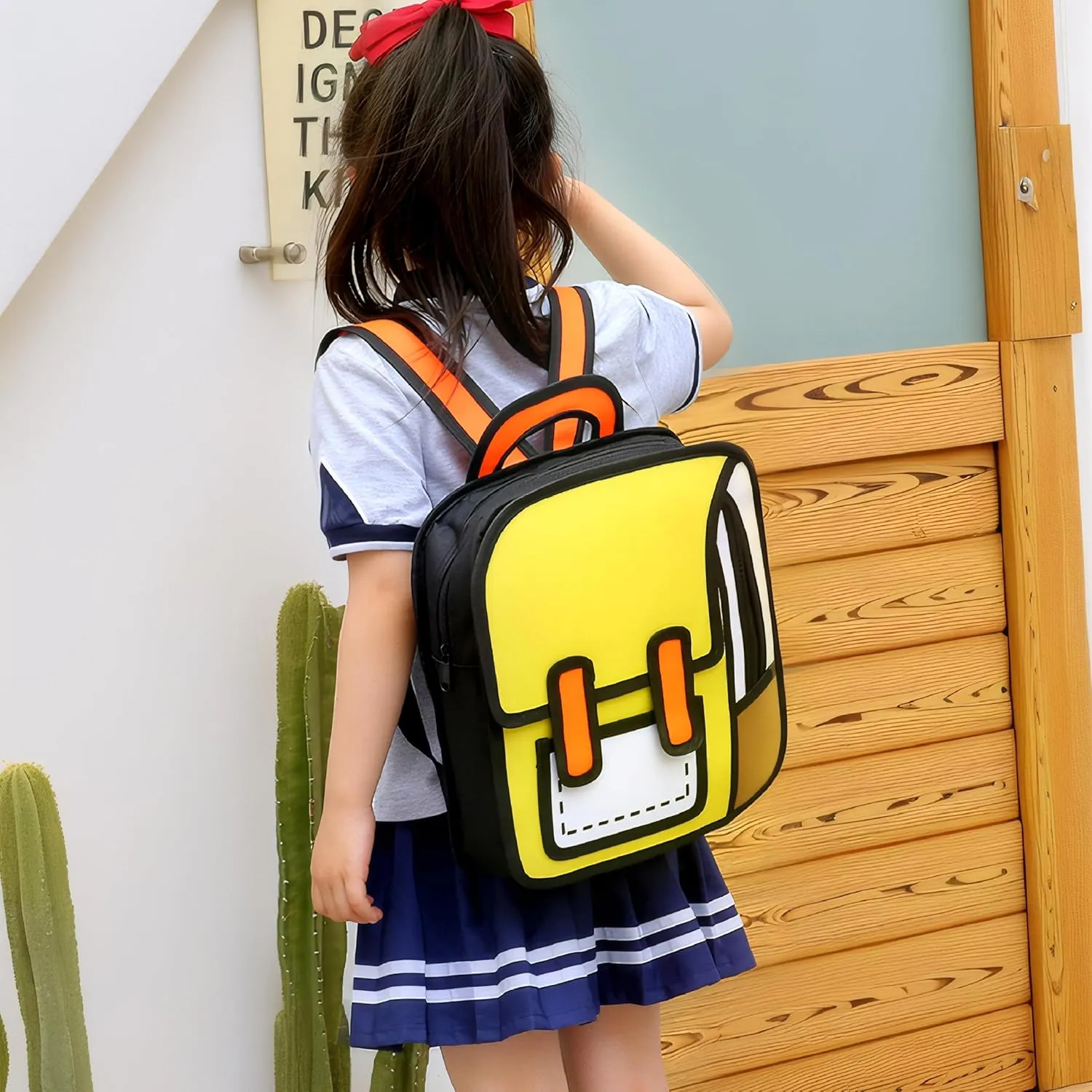 Kids Kawaii Backpack for Boys Girls Cute Toddler 2D Cartoon Comic Paper Jump Bookbag Fun Weird School Schoolbag (Yellow, Large)