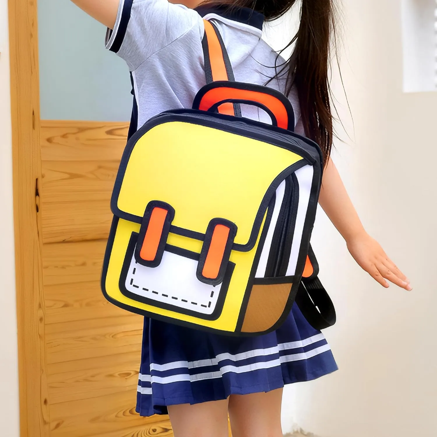 Kids Kawaii Backpack for Boys Girls Cute Toddler 2D Cartoon Comic Paper Jump Bookbag Fun Weird School Schoolbag (Yellow, Large)