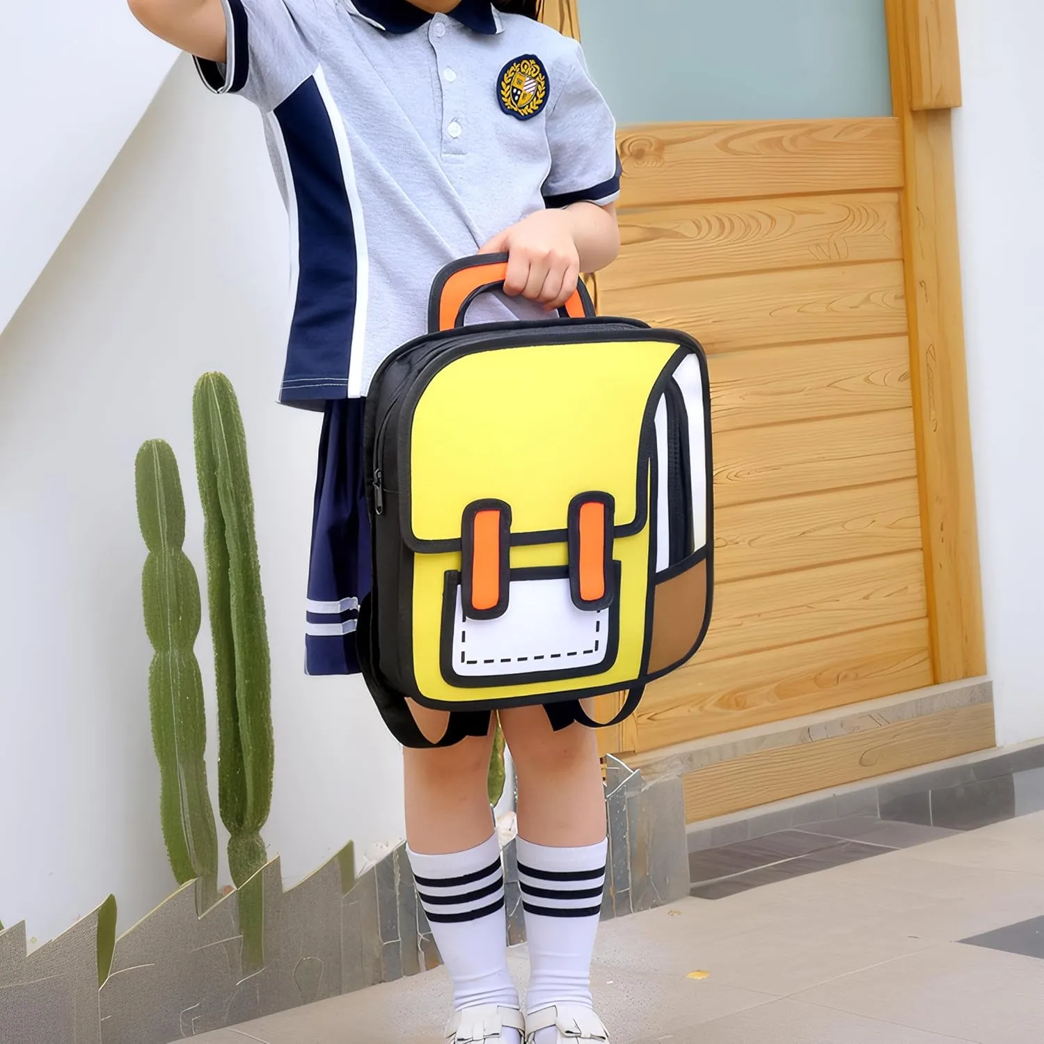 Kids Kawaii Backpack for Boys Girls Cute Toddler 2D Cartoon Comic Paper Jump Bookbag Fun Weird School Schoolbag (Yellow, Large)