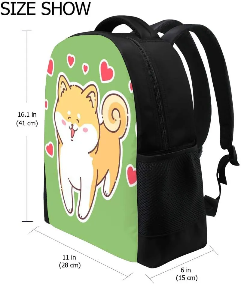 Kuizee Classic Backpack Schoolbag Adjustable Padded Shoulder Straps Daypack Dog Cute Animal Green Casual Bags Durable College Daily 16Inch