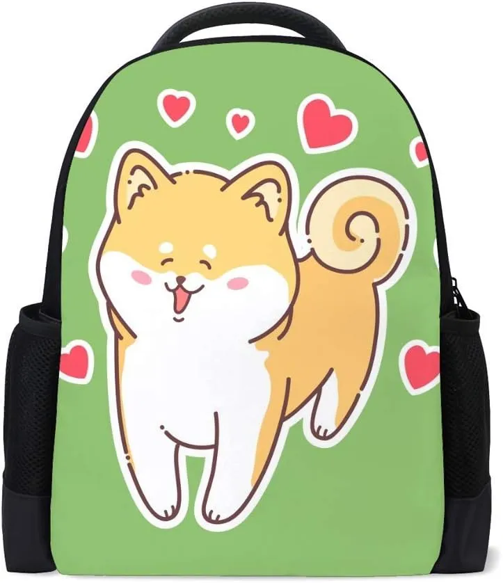 Kuizee Classic Backpack Schoolbag Adjustable Padded Shoulder Straps Daypack Dog Cute Animal Green Casual Bags Durable College Daily 16Inch