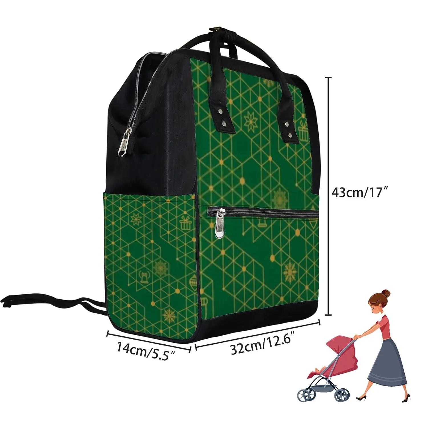 Kuizee Diaper Bag Backpack Multifunction Bag Christmas Decor Gold Green Modern Stylish Mutispandex Big Capacity Casual Daypack Mummy Bag Maternity Bag 17 Inch