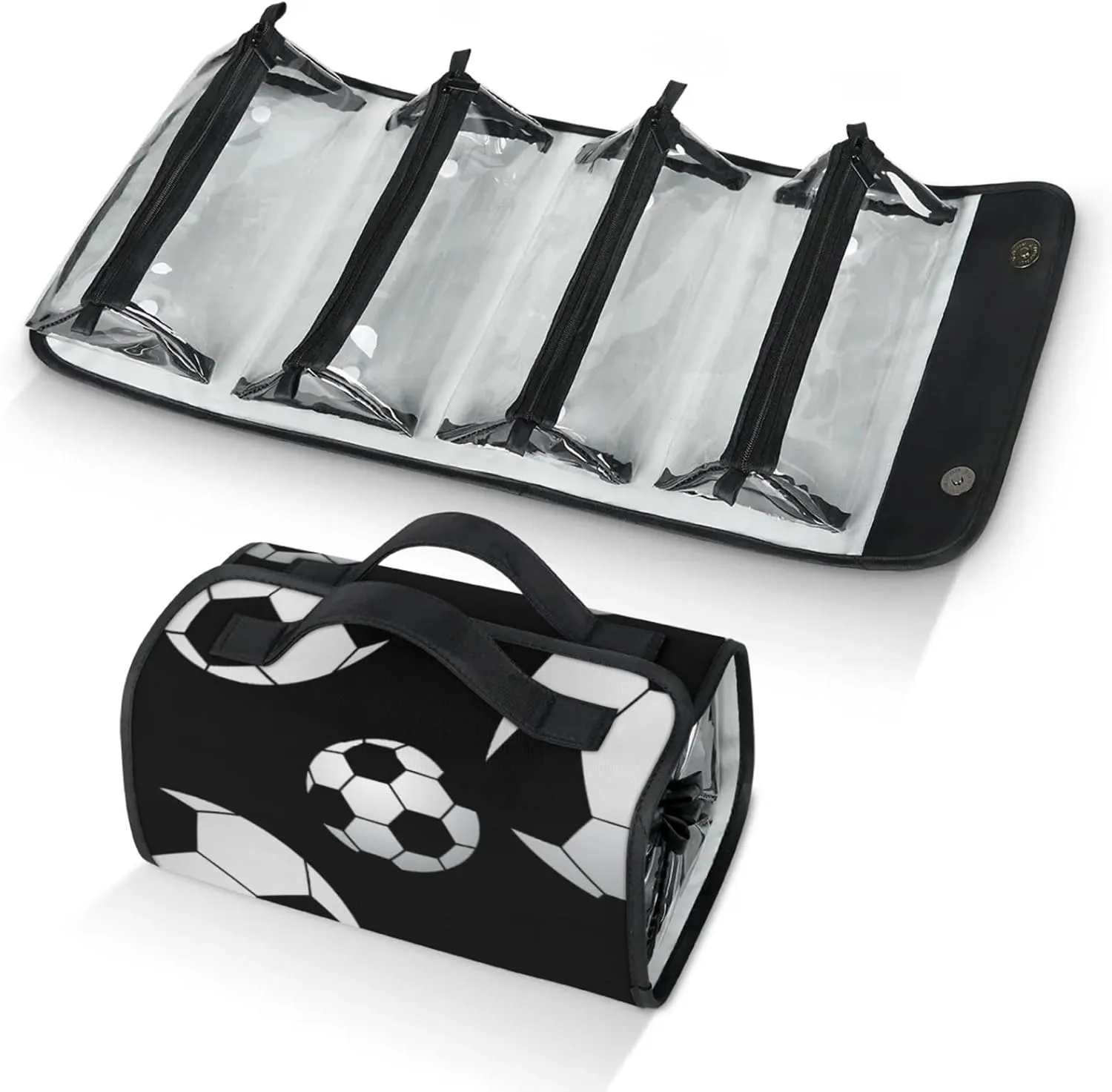 Large Capacity 4-in-1 Hanging Travel Toiletry Bag Storage Organizer With 4 Detachable Removable Zipper Clear Pouches Modern Football
