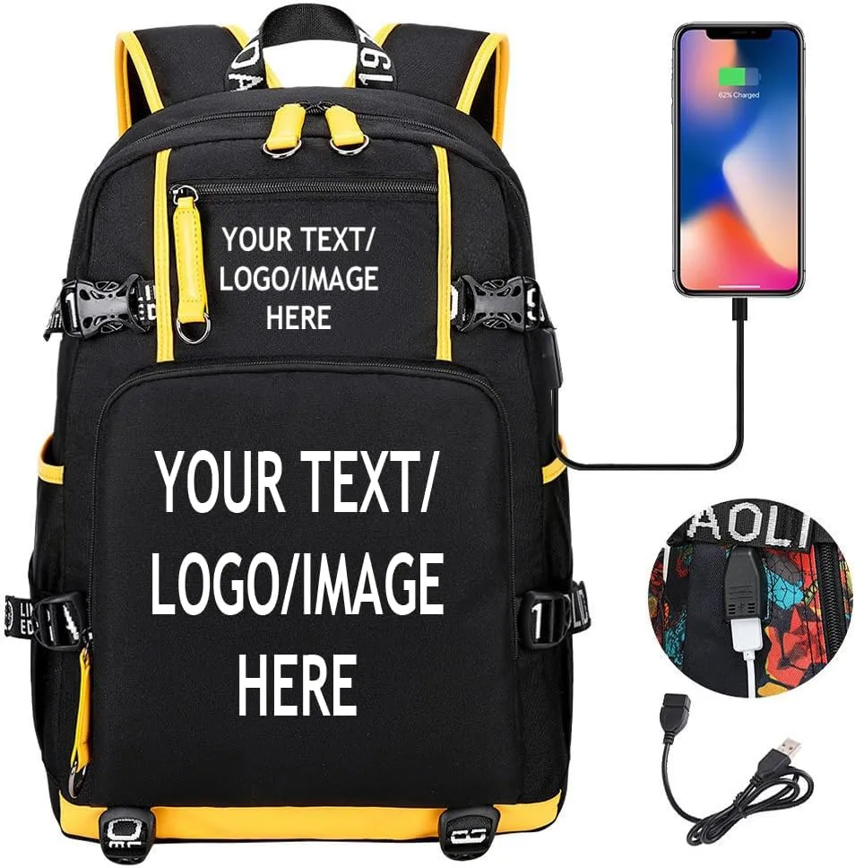 Large Capacity Custom Laptop Backpack With USB Charging Port, Personalized College Bag, Durable Outdoor Bags Mochila (Black and Yellow)